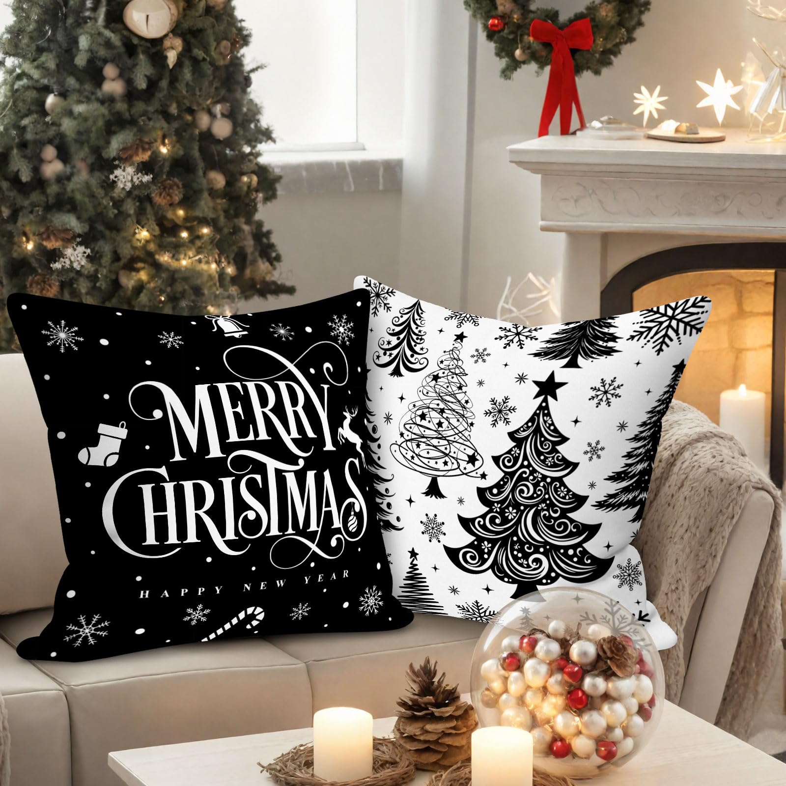 Lanpn 40x40 cm Black Christmas Pillow Covers Set of 4, Winter Decorative Pillow Case - Image 2