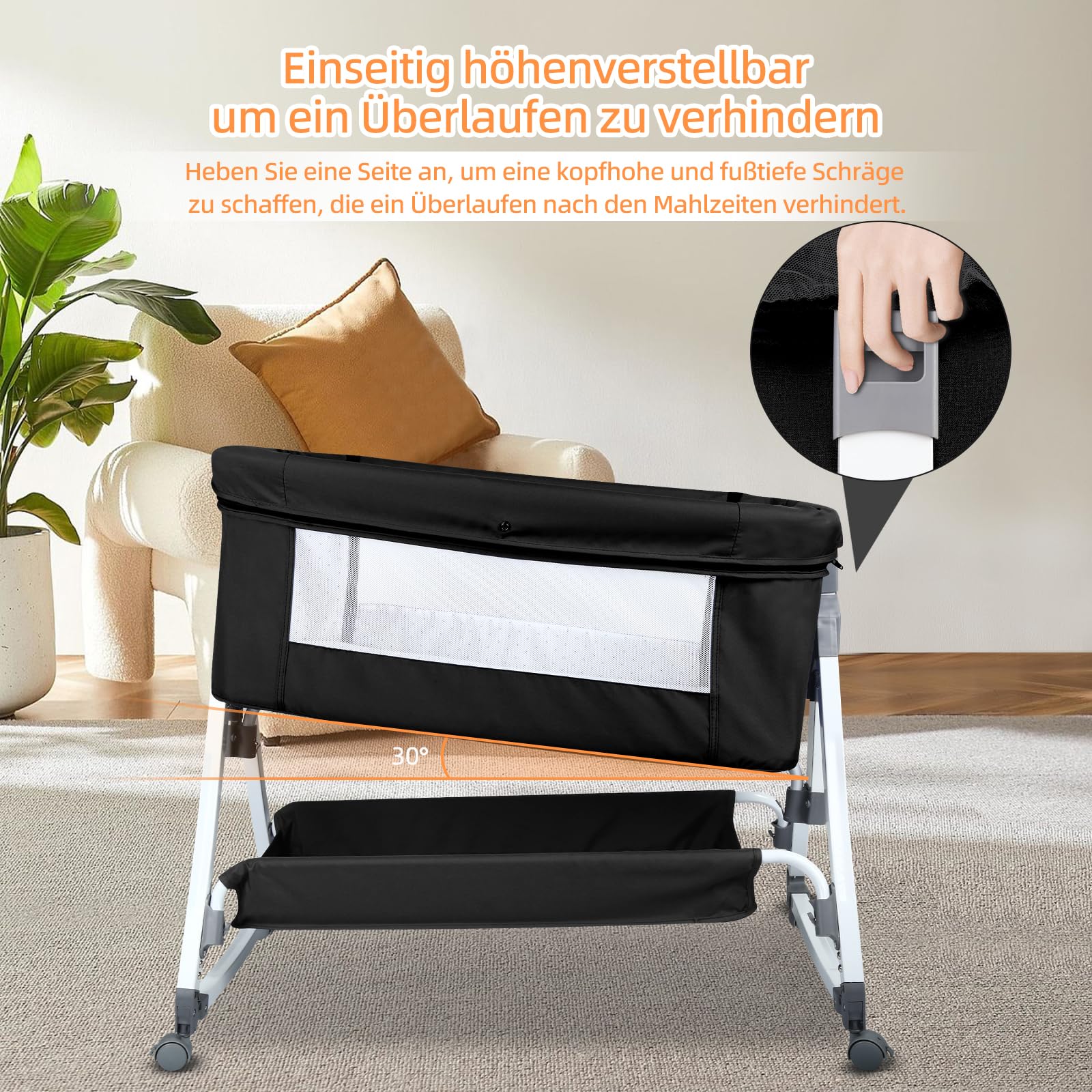 homewell 2 in 1 Beistellbett Baby & Babywiege mit Moskitonetz, Stubenwagen Baby Faltbar, 6 Fach Höhenverstellung und Neigungsverstellung, Seiten aus Netz, für Zuhause und Unterwegs (Schwarz)