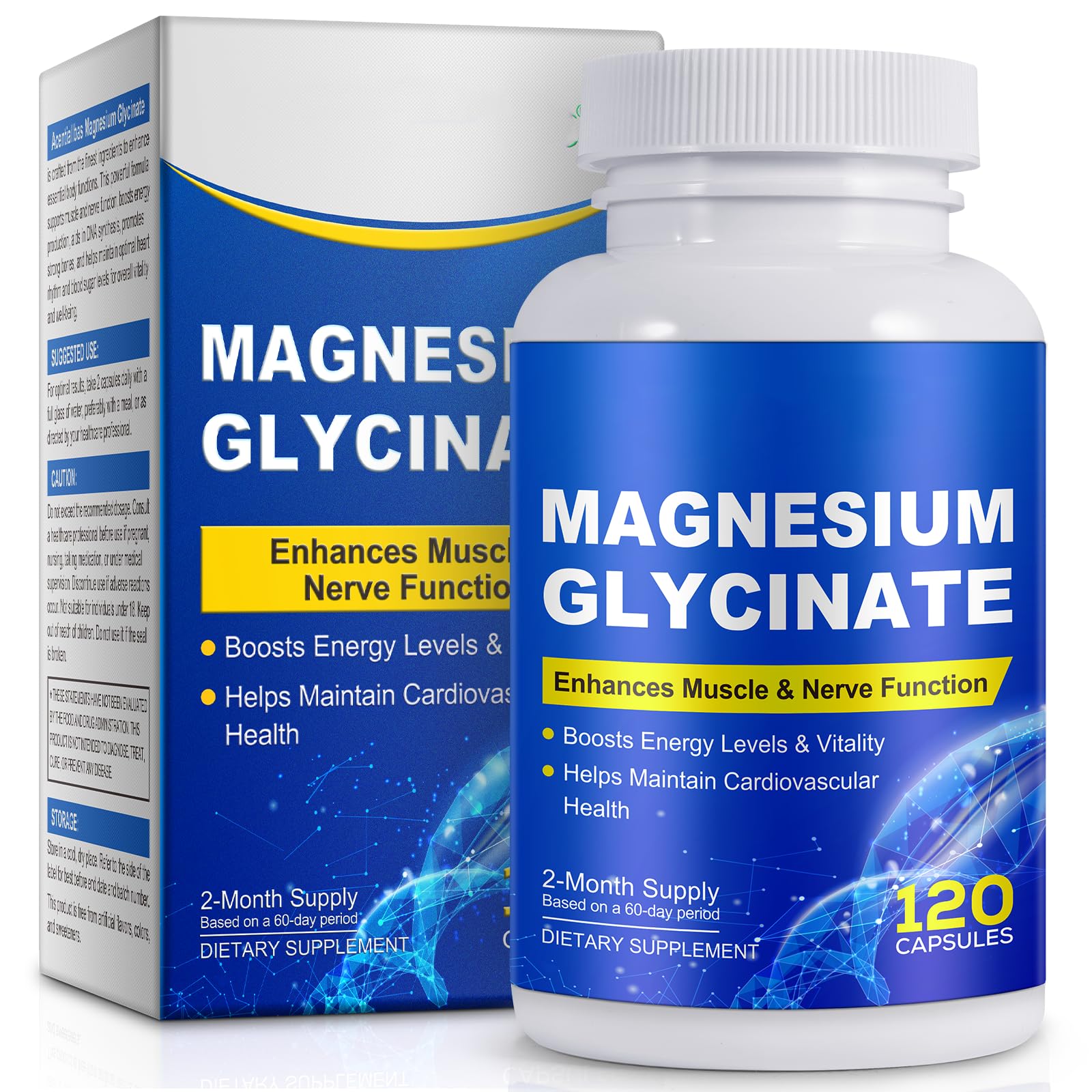Pure Magnesium Glycinate, Magnesium Supplement, Magnesium Complex for Women Men 120 Capsules, Support Stress Relief, Health, Muscle, Nerve, Sleep.