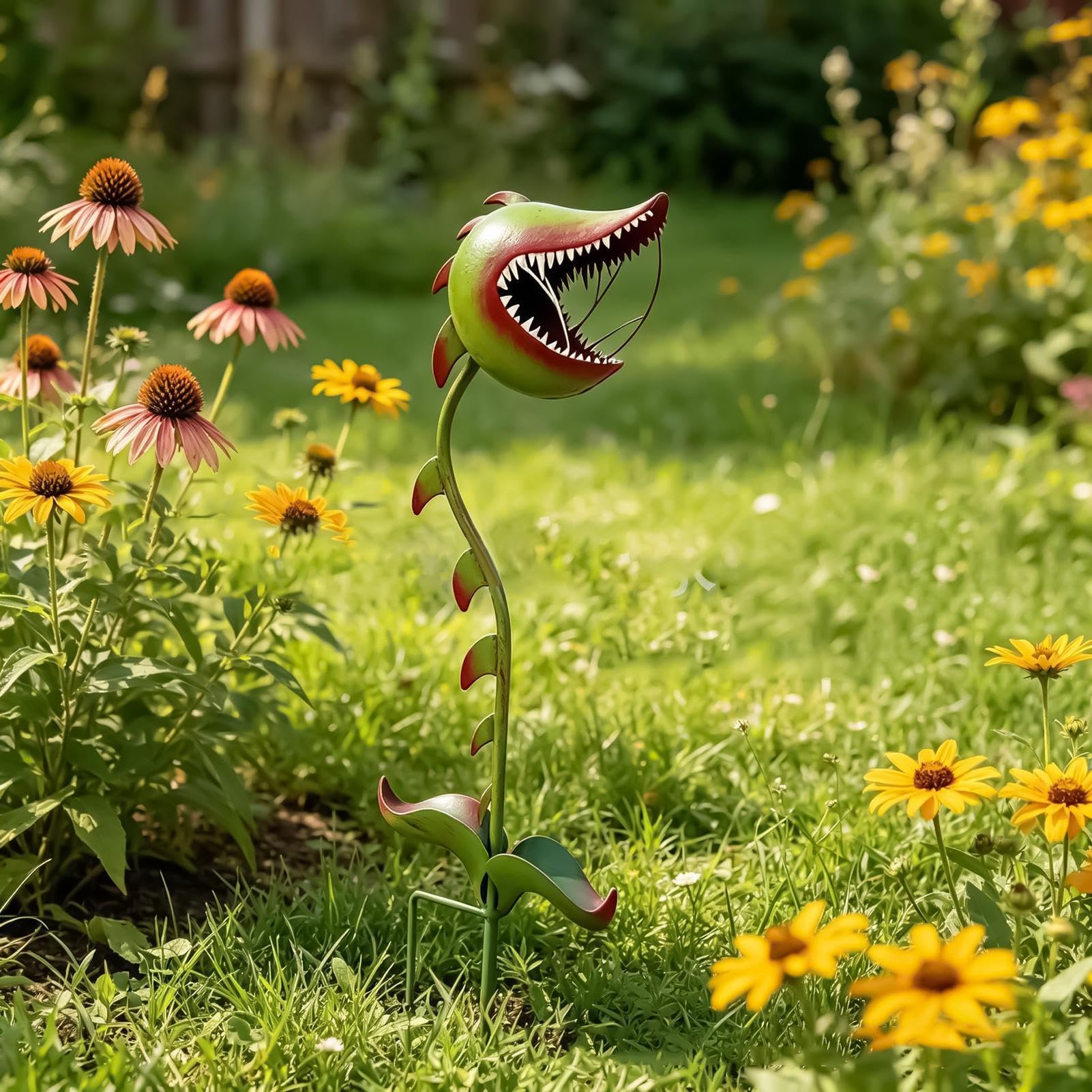 Metalowe kwiaty na zewnątrz, Nepenthes dekoracyjne kapryśne - zabawny palik kwiatowy na patio - na dziedziniec, podwórko, patio, krajobraz, rabatki kwiatowe, sadzarki, park, ganek