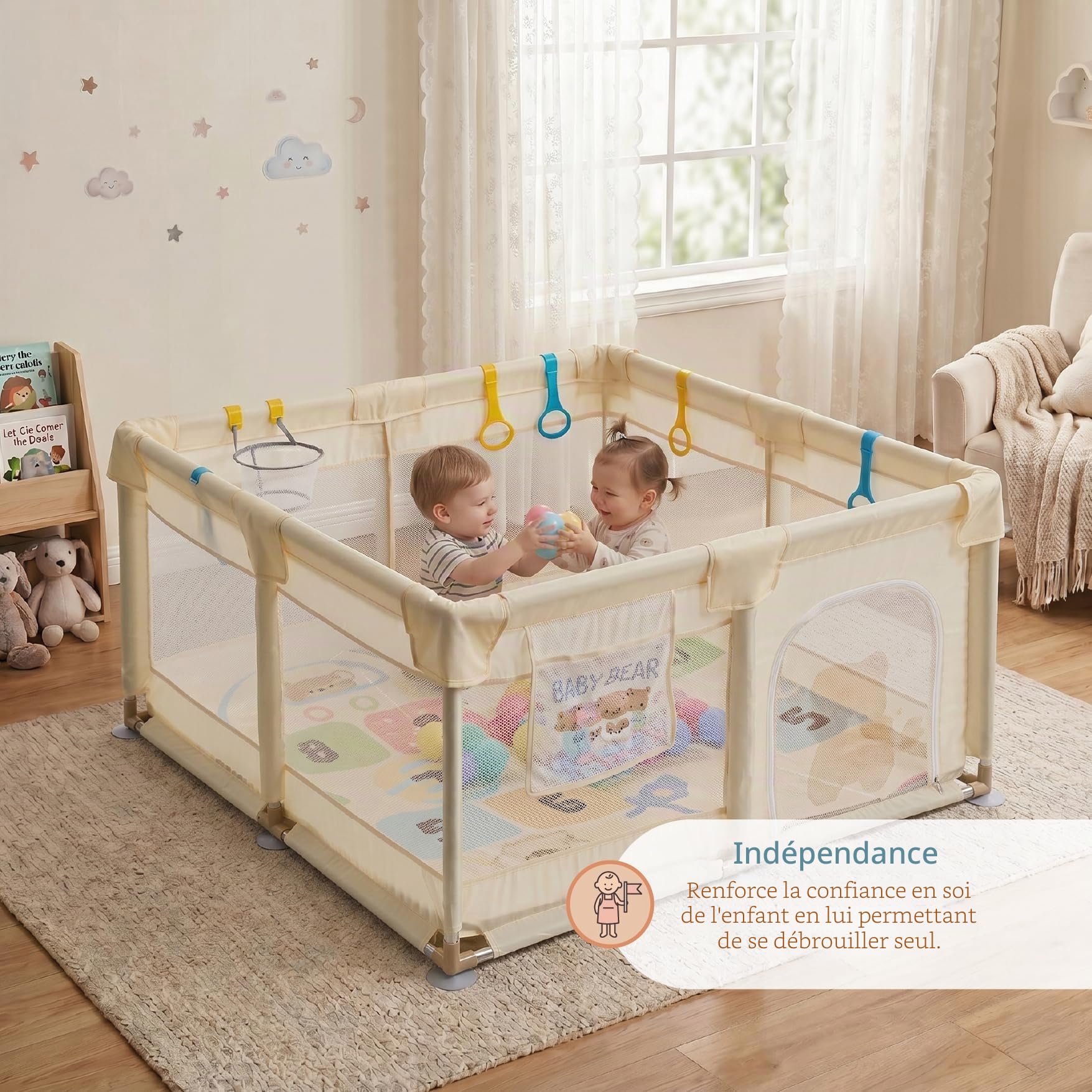 Buddy Baby Park - Parc Enfant Bébé 120x120cm + Tapis + Poignées + Panier + Boules – Parc de Jeu Bébé avec Maille Respirante – Parc de Jeux Bébé Pliable avec Porte Latérale (Vanille)