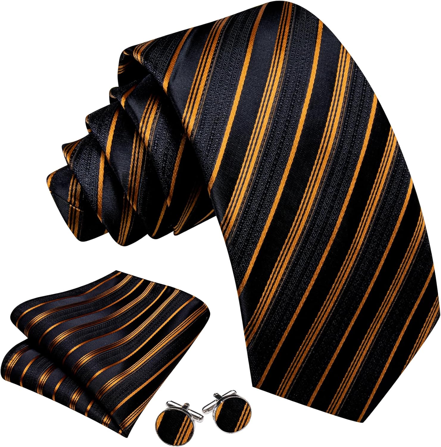 Barry.Wang Tie Sets for Men Silk Stripe Necktie Woven Checkered Handkerchief Cufflinks Formal Business Wedding - Image 2