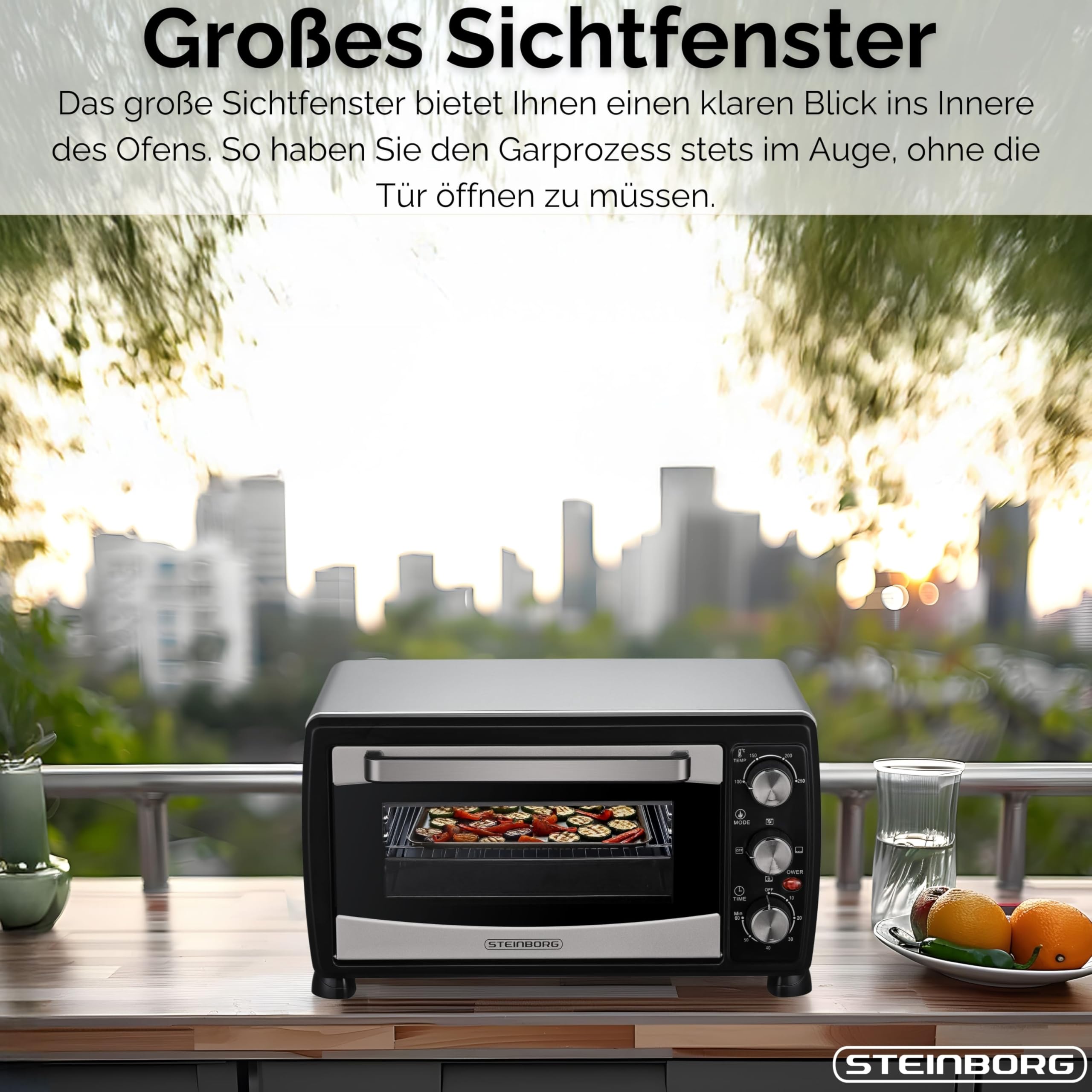 Steinborg Mini piekarnik konwekcyjny, 20 l, piec do pizzy, konwekcja, grzanie górne i dolne, 1400 W, mini piekarnik z timerem, mały piec kempingowy lub
