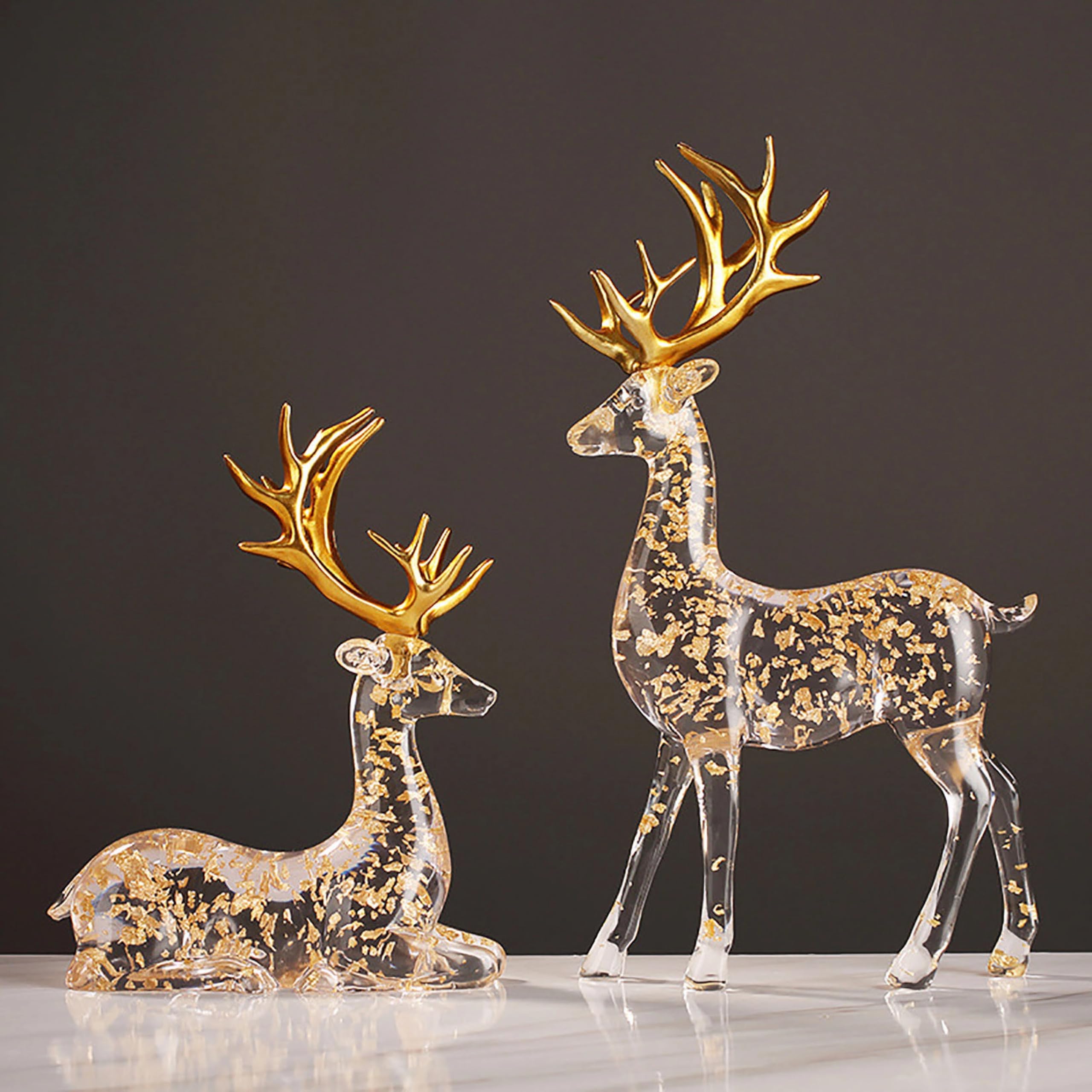 Nnycc Clear 2Pcs Reindeer Statues Gold Decor For Home,Luxury Resin Crystal Deer Sculptures Decoration Indoor,