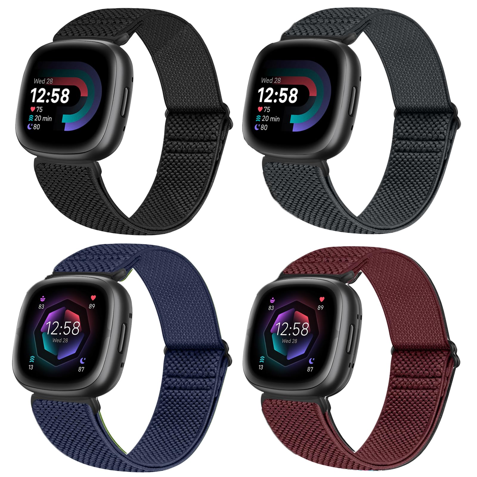 Vodtian4 Pack Elastic Bands Compatible for Fitbit Versa 4/Versa 3/Fitbit Sense 2/Sense Band, Adjustable Nylon Stretchy Replacement Loop Straps for Fitbit Versa 4/Sense 2/Versa 3/ Sense Women Men