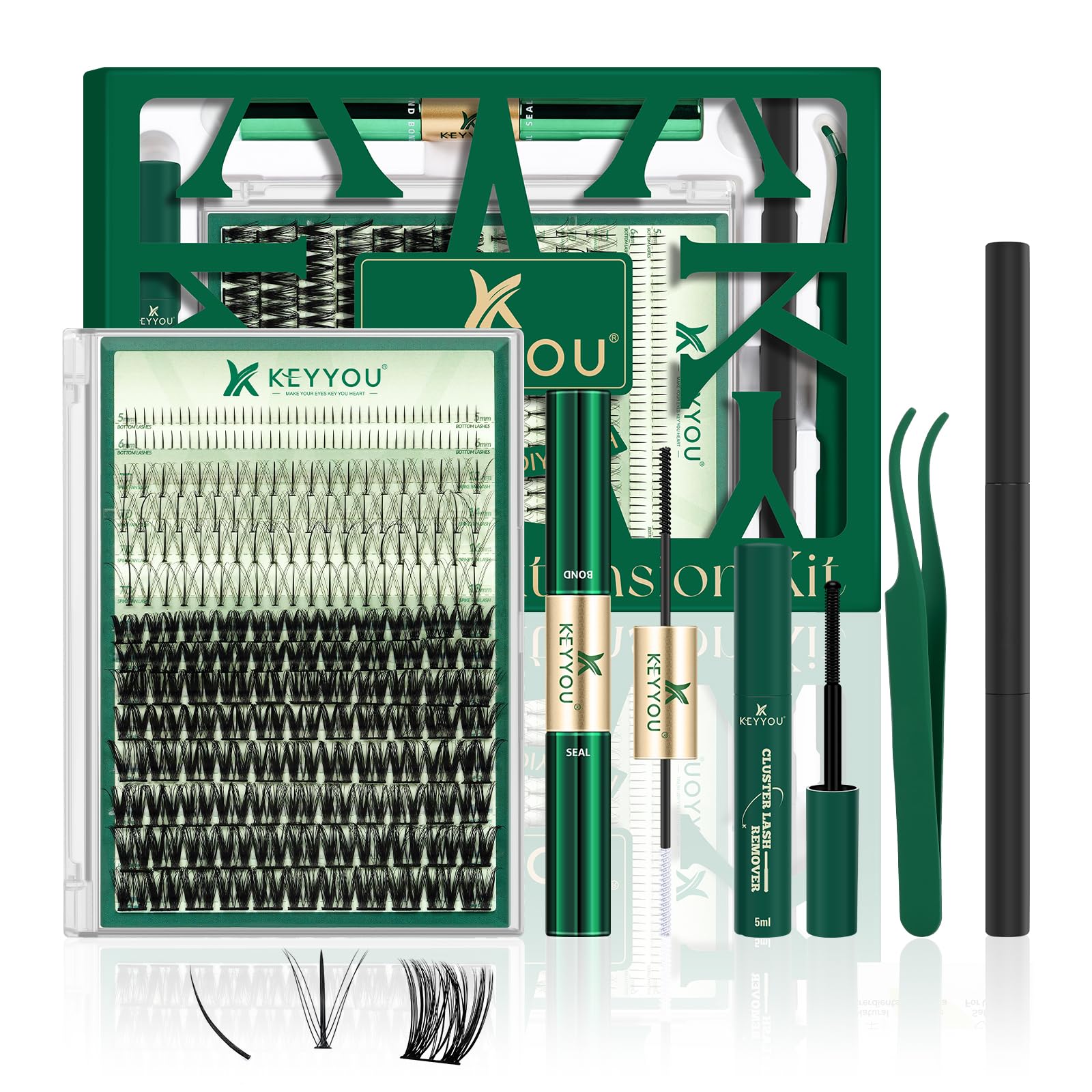 KEYYOU Lash Extension Kit Mixed 5-16mm Eyelash Extension Kit with Bottom Lashes Multi-Type Lash Clusters with Bond and Seal Applicator and Remover DIY