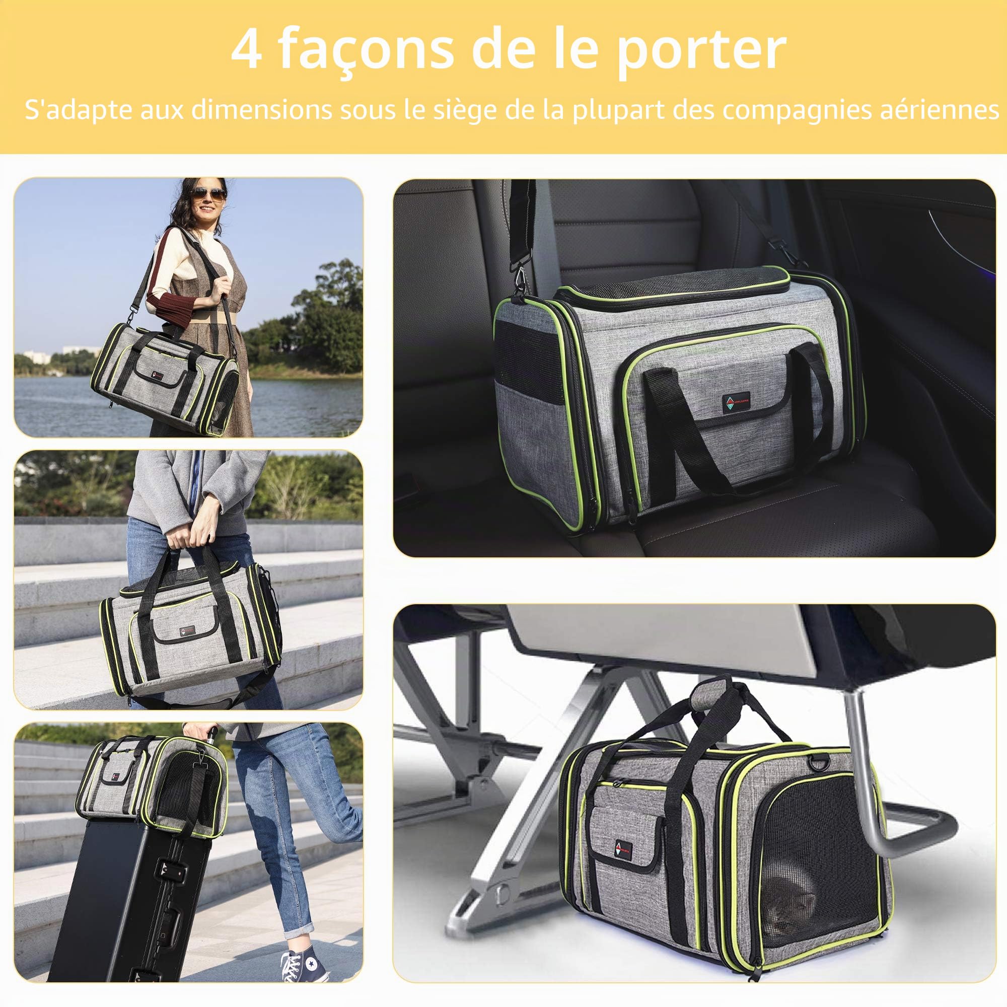 Sac Transport Chat Chien, Cage de Voyage Spacieux 4 Sens Extensibles, Caisse Chat Pliable pour Animal de Compagnie (Gris)