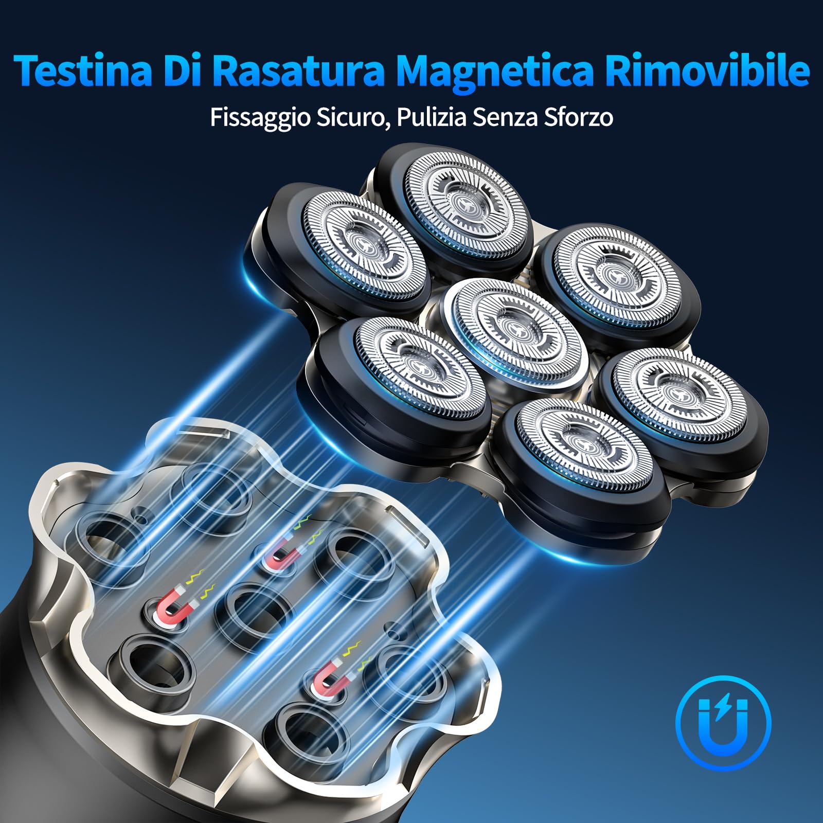 Rasoio Testa Uomo 7D, Rasoio Elettrico Calvo con Testina Magnetica, IPX6 Impermeabile, Ricarica Rapida Type-C, Display LED e Batteria 1200 mAh, Facile da Pulire
