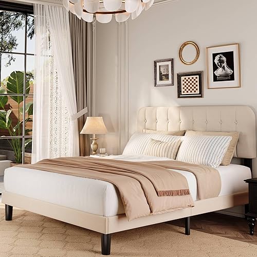 Gizoon Base de cama Queen con cabecero, cama de plataforma tapizada con listones de madera resistentes, sin ruido, no necesita somier, fácil