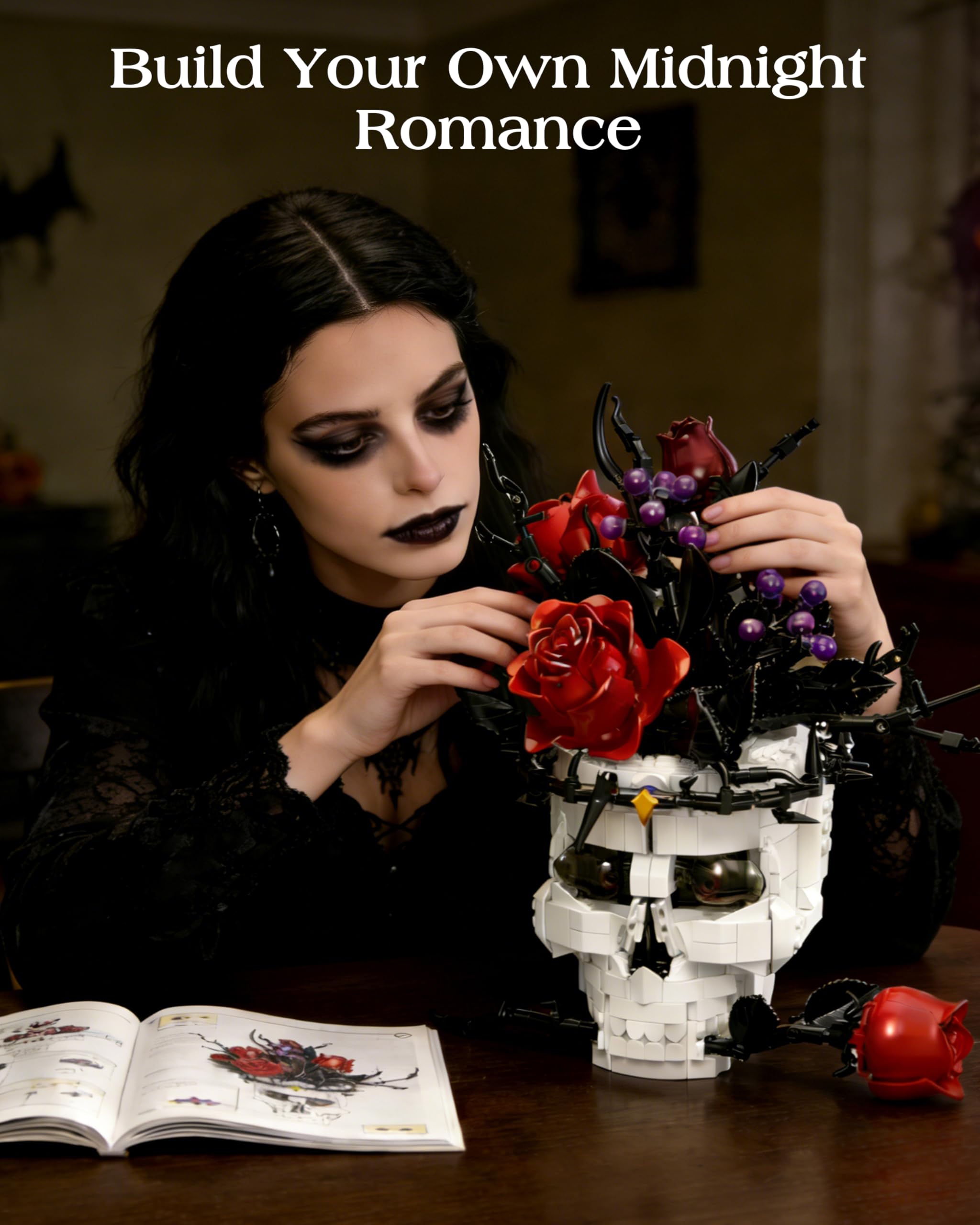 Gothic Totenkopf Bauset mit Rose im Mund, Ästhetische Totenkopf-Deko für Erwachsene, Tisch- & Regal-Centerpiece – Kompatibel mit Lego Blumen & Horror-Sets, Geschenk für Halloween & Valentinstag