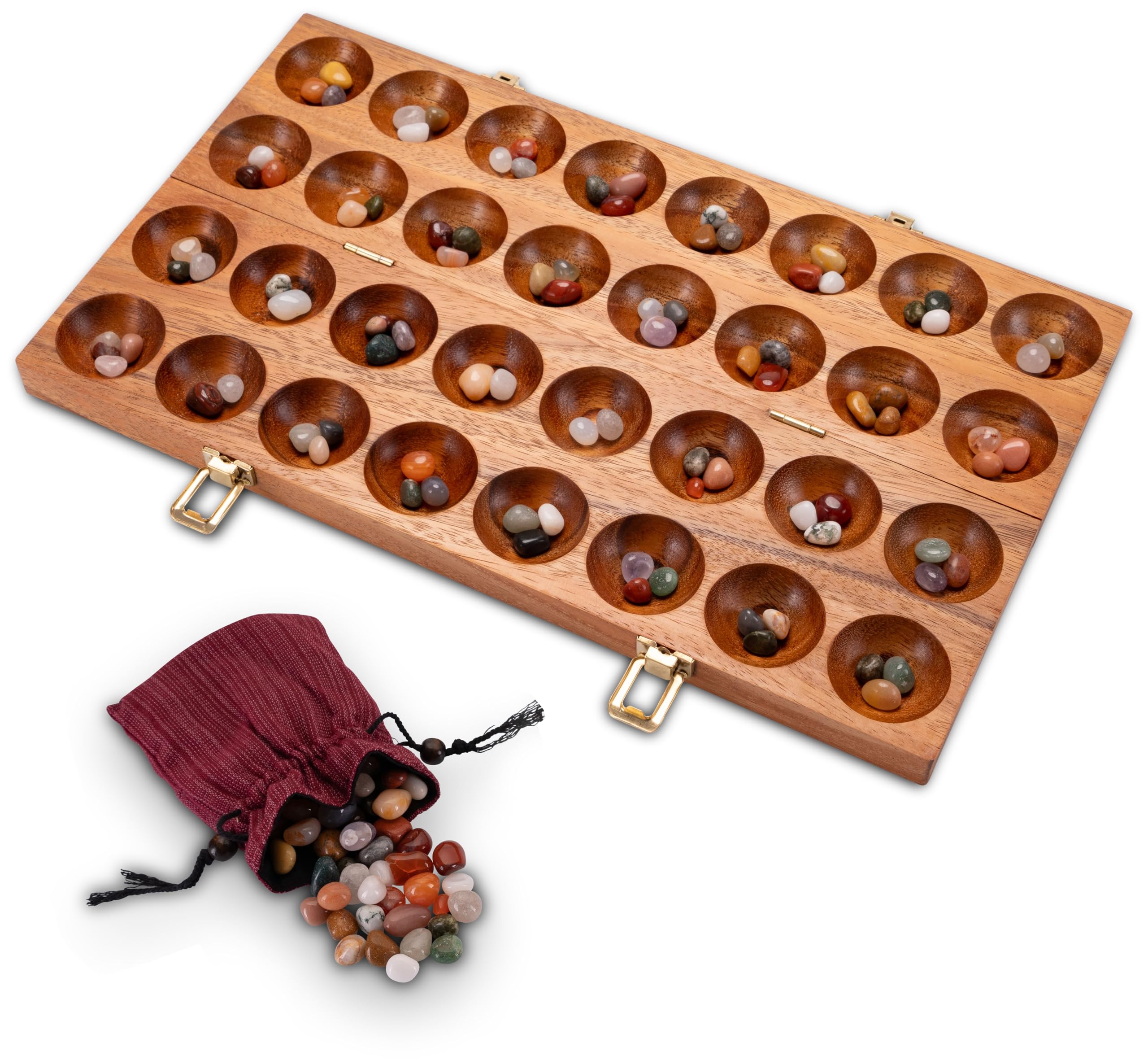 LOGOPLAY Mancala Bao Spiel mit Metallverschlüssen für 2 Spieler inkl. Edelsteinen