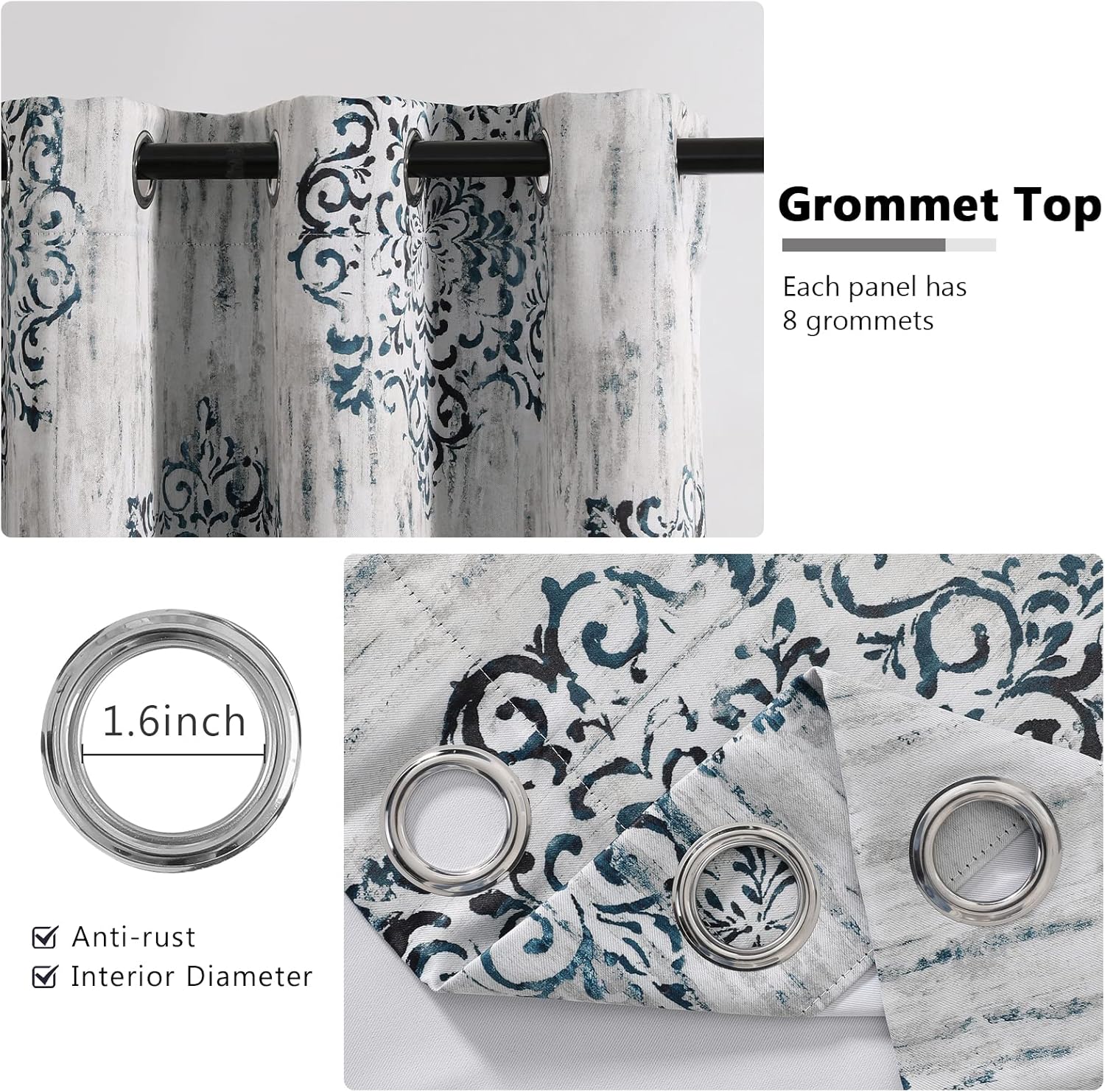 MYSKY HOME Curtains & Drapes for Living Room 84 inch Length 2 Panels Curtains Light Blocking Morrocan Damask Patterned Geometric Grommet Window Treatment for Bedroom Patio Home Decor, Blue