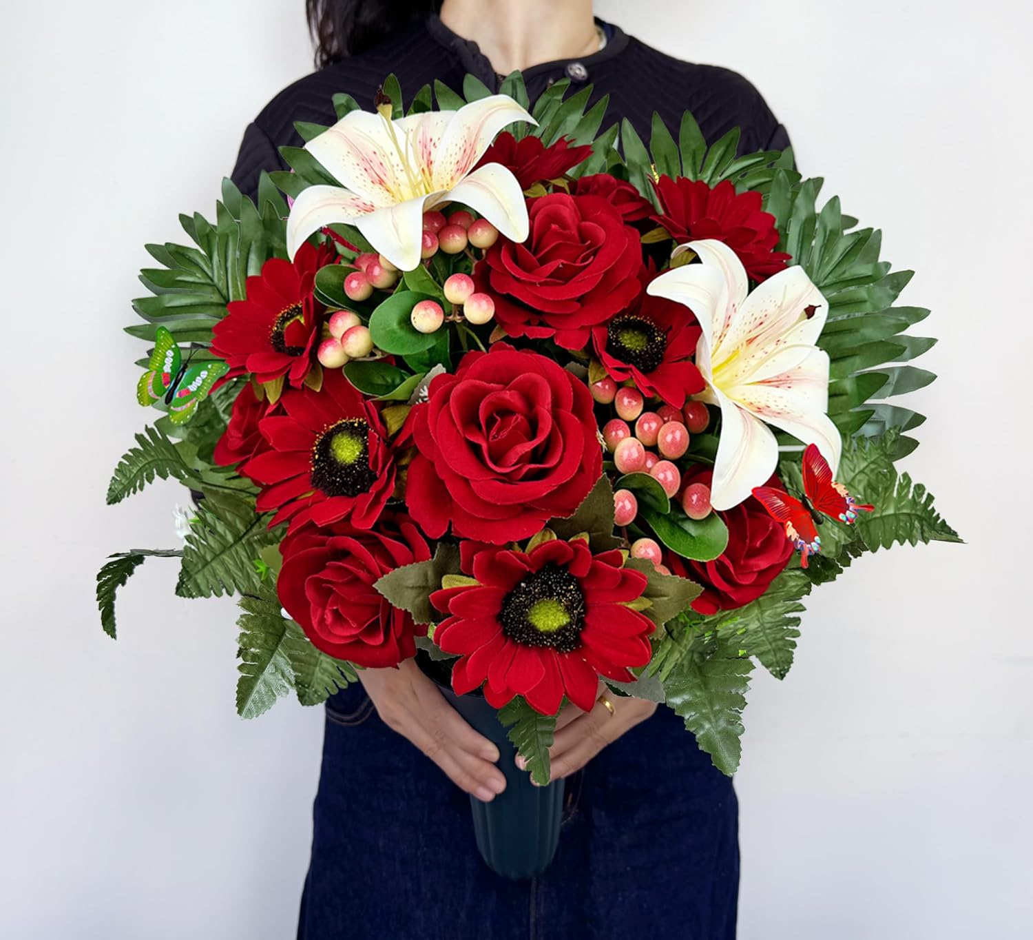 MUVIC Artificial Cemetery Flowers for Outdoor Grave Decorations，Memorial Flower- Realistic Rose, Gerbera, Lily, Berry- Sympathy Bouquet