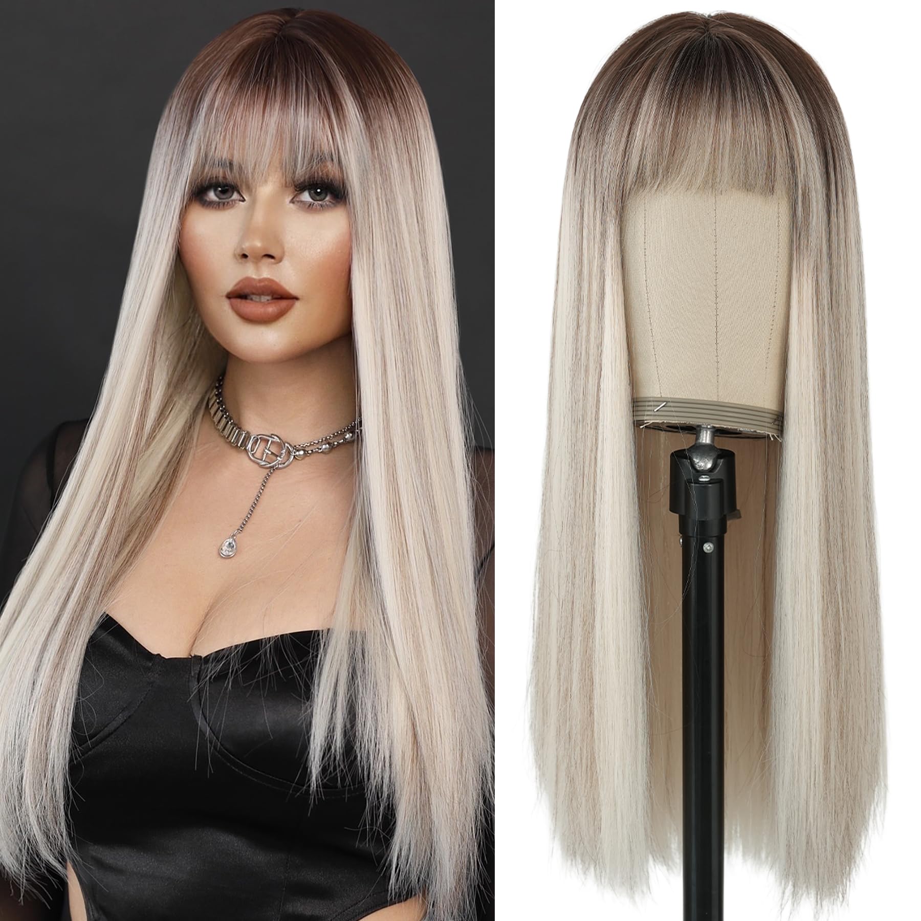7JHH WIGS 26inch Long Straight Wig with Bangs Platinum Blonde Wig Heat Resistant Ombre Blonde Synthetic Wig with Dark Roots Make Natural Looking Wigs