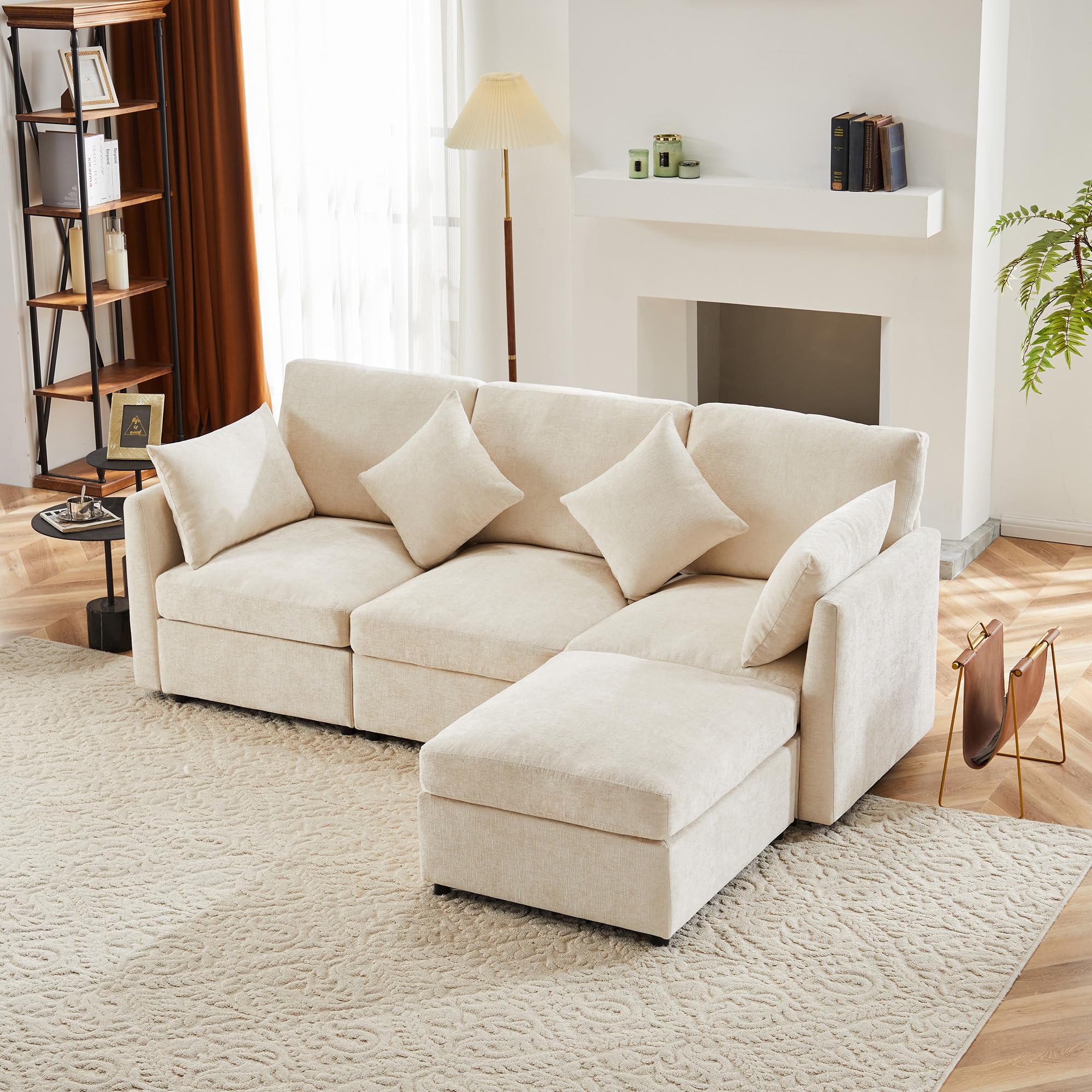 Divano Letto 3 Posti con Penisola, Divano Angolare 3 Posti Forma di L, Divano Letto Matrimoniale con Materasso, Divano 3 Posti con Braccio e poggiapiedi,Beige