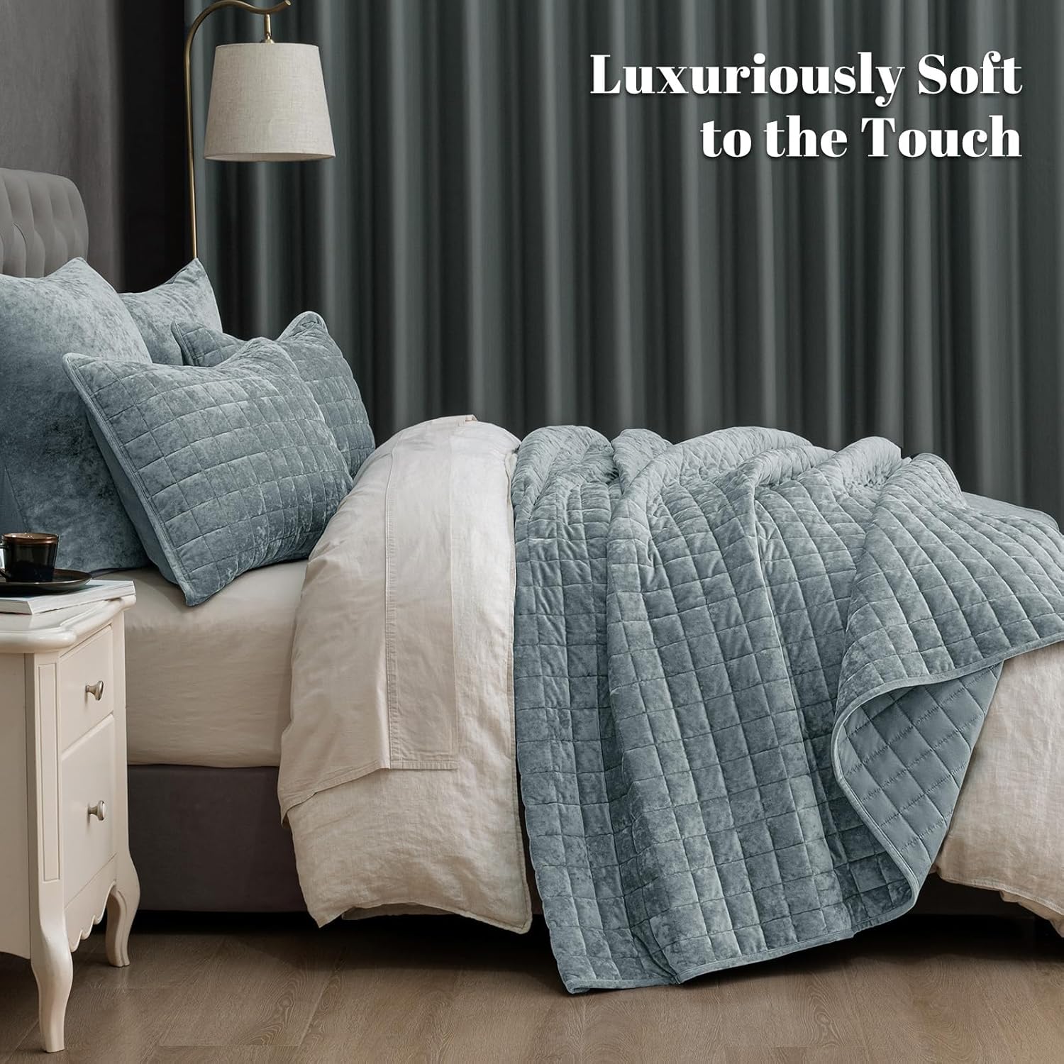 PHF Luxurious Velvet Quilt Set King Size – 3PCS Super Soft Quilted Comforter Alternative with Square-Box Quilt Pattern, Warm Quilted Bedspread Coverlet, 108" x 92", Dusty Blue - Image 4