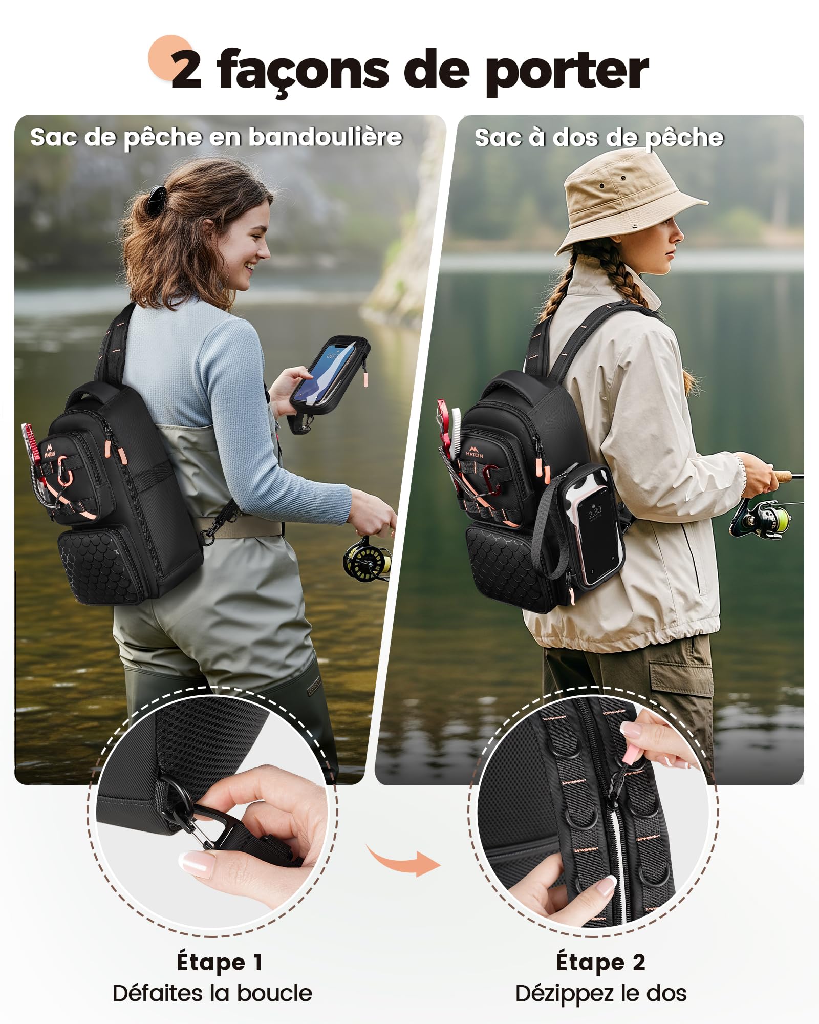 MATEIN Sac de Pêche avec Porte-Canne et Poche pour Téléphone, Noir | Petit Sac a Dos Peche Imperméable pour Femme avec Porte-Esches Amovible et Compartiment Isotherme, 2-en-1, Cadeau Pêcheur