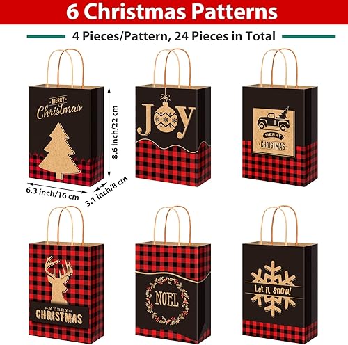 Miniatura 2 de Aneco 24 bolsas de papel kraft de Navidad, bolsas de regalo a cuadros rojos y negros con asas, bolsas de dulces de Navidad en 6 diseños, 6.3 x 3.1 x