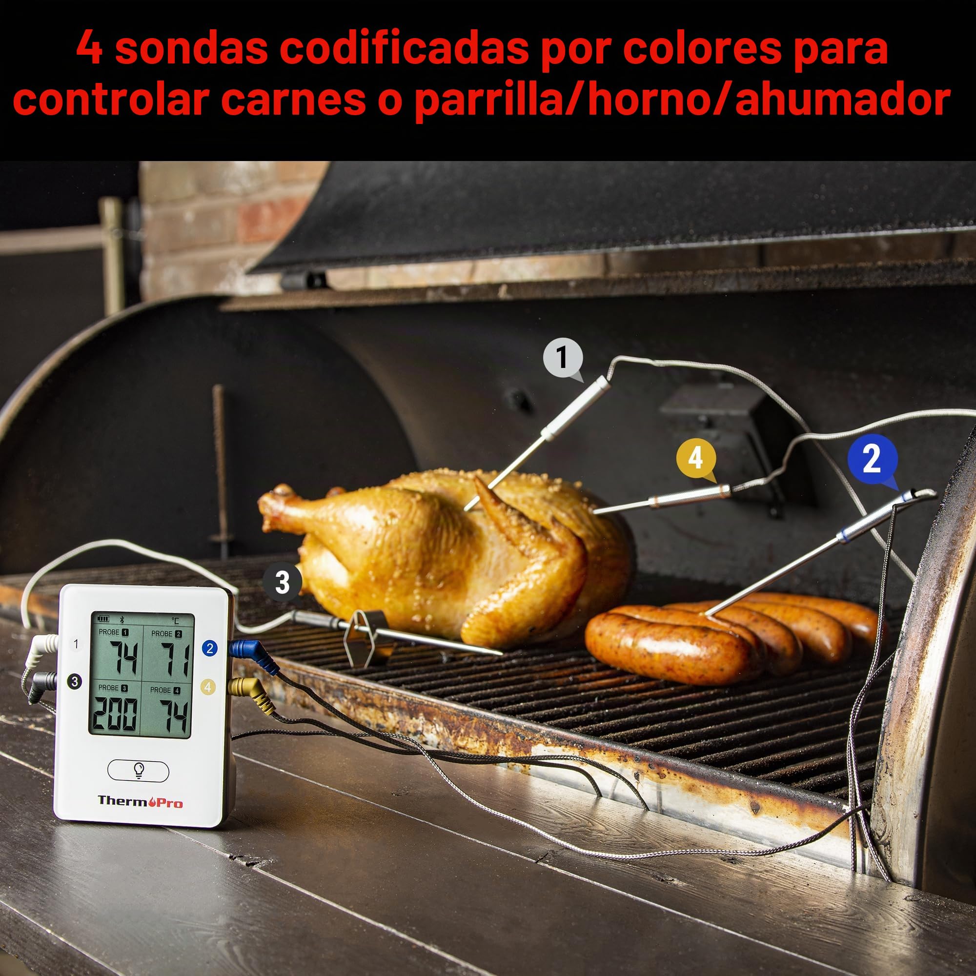 ThermoPro TempPro TP25 Termómetro Barbacoa Inalámbrico Bluetooth con 150m de Largo Alcance Termómetro de Cocina Digital con 4 Sondas para Parrilla Horno Ahumador Barbacoa Carne Carne Termómetro