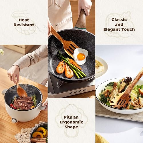 Miniatura 6 de Cucharas de madera para cocinar, juego de 9 utensilios de cocina de acacia natural, asas largas, resistentes al calor, utensilios de cocina de