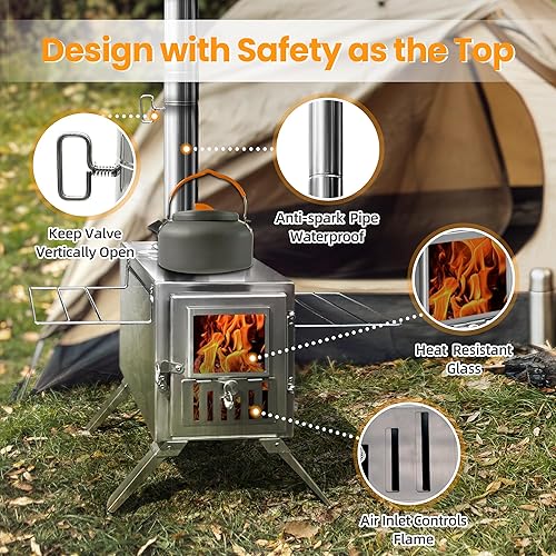 Miniatura 5 de Estufa de leña, estufa portátil para acampar con tubos de chimenea, ventana delantera, estantes laterales, mini estufa de leña para tienda de