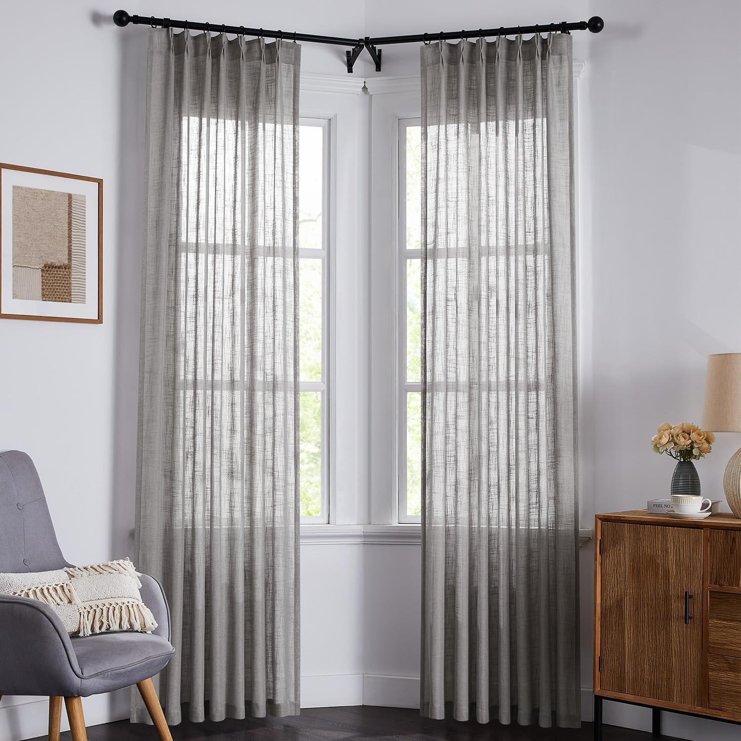 Pinch Pleated Linen Curtains for Living Room, Light Filtering Sheer Curtains 84 inches Long, Farmhouse Natural Pinch Pleat Drapes, Semi Sheer Window Grey Curtain with Hooks 2 Panels