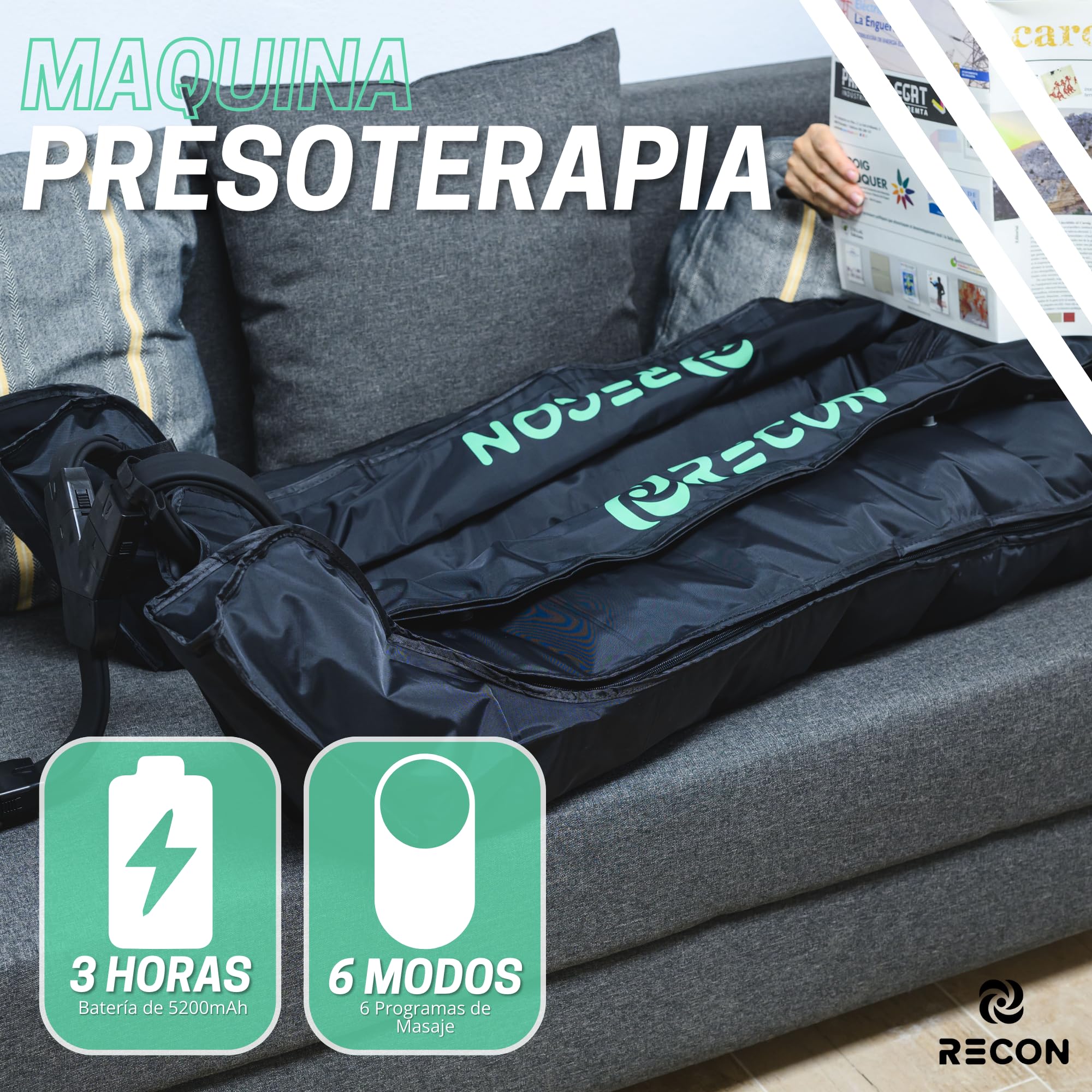 Pantalón de Presoterapia Masajeador con 8 cámaras 6 modos de masaje y batería. Equipo profesional de masaje. Recon®
