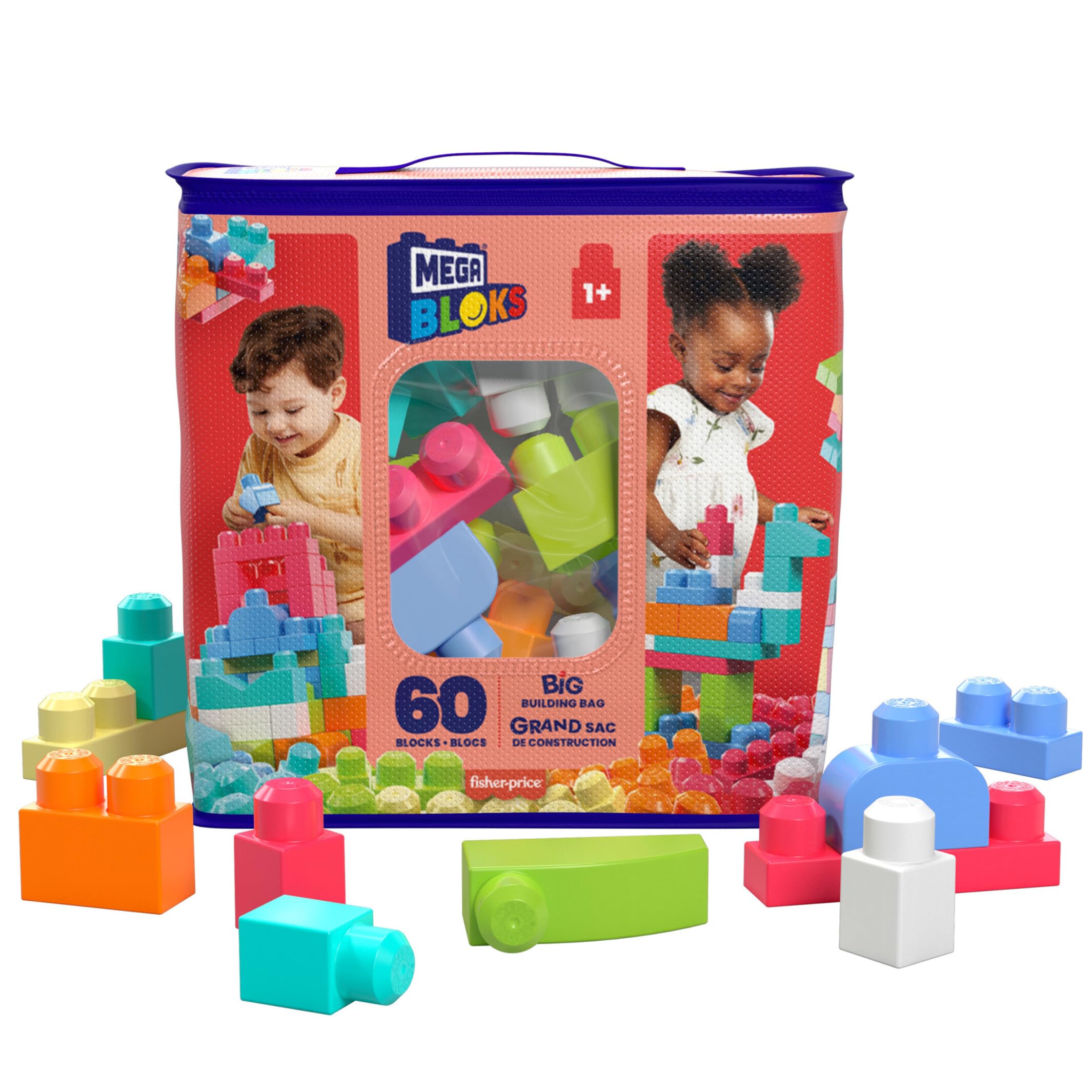 Mega BLOKS Big Building Bag Building Set with 60 Large Colorful Building Blocks and 1 Storage Bag, for Ages 1 and Up, Model Assorted, DCH54