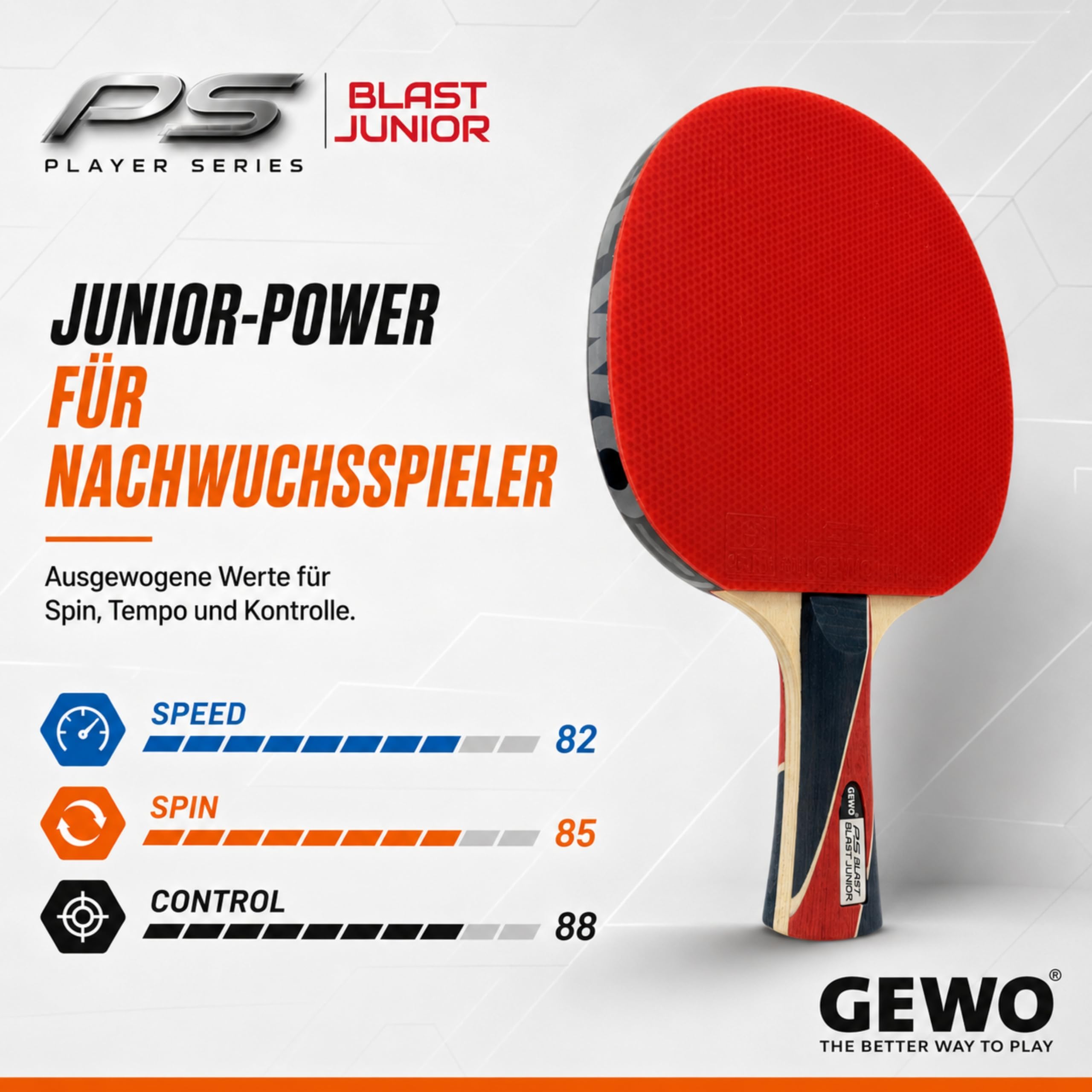 GEWO PS Blast Junior Tischtennisschläger - ITTF genehmigter Anfänger-Tischtennisschläger für Kinder und Jugendliche, Fertigschläger mit kontrolliertem Belag und hoher Rotation, konkav, 1,8mm Schwamm