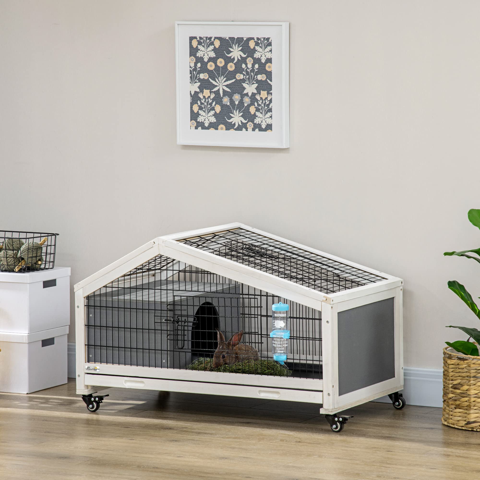 PawHut Rabbit Hutch, Guinea Pig Cage, Small Animal House Bunny Run w/Water Bottle, Wheels, Plastic Slide-out Tray, for Indoors - Dark Grey