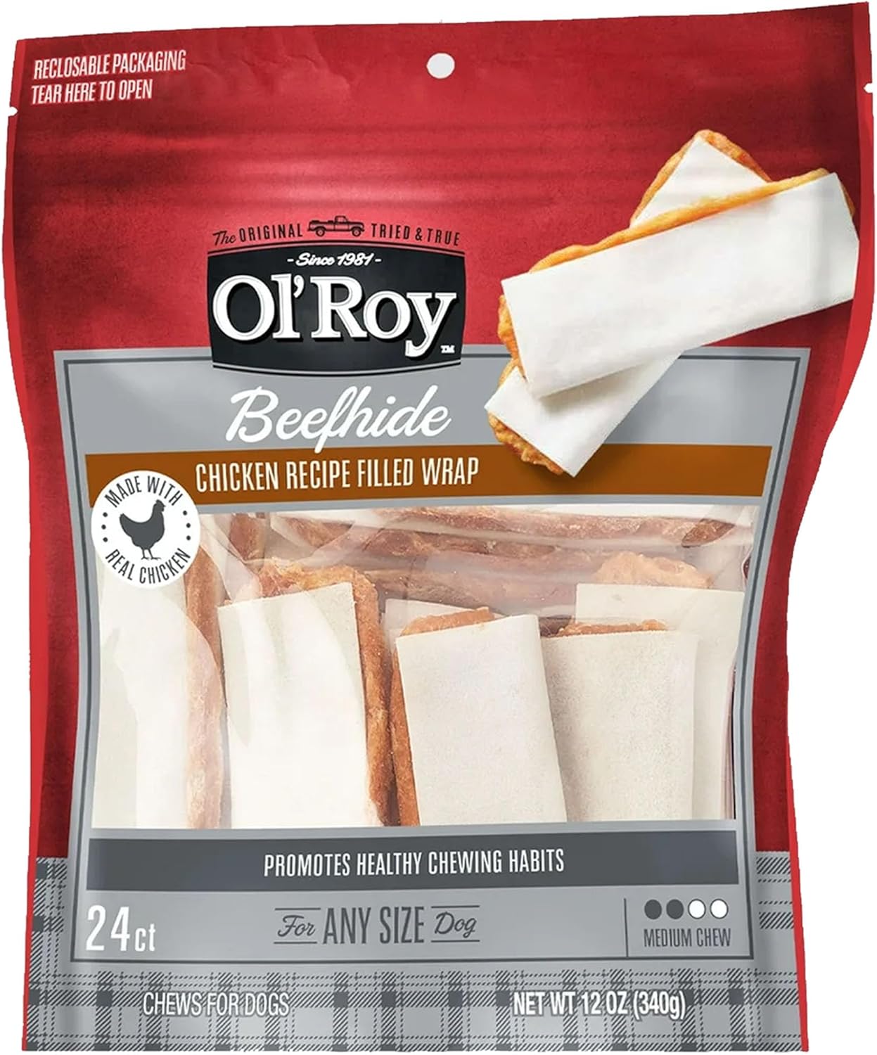 Beefhide Dog Chews with Chicken Filling – 24 Count (12 oz), Long Lasting Natural Dog Treats for Medium & Large Dogs – High Protein, No Artificial Flavors by Ol-Roy
