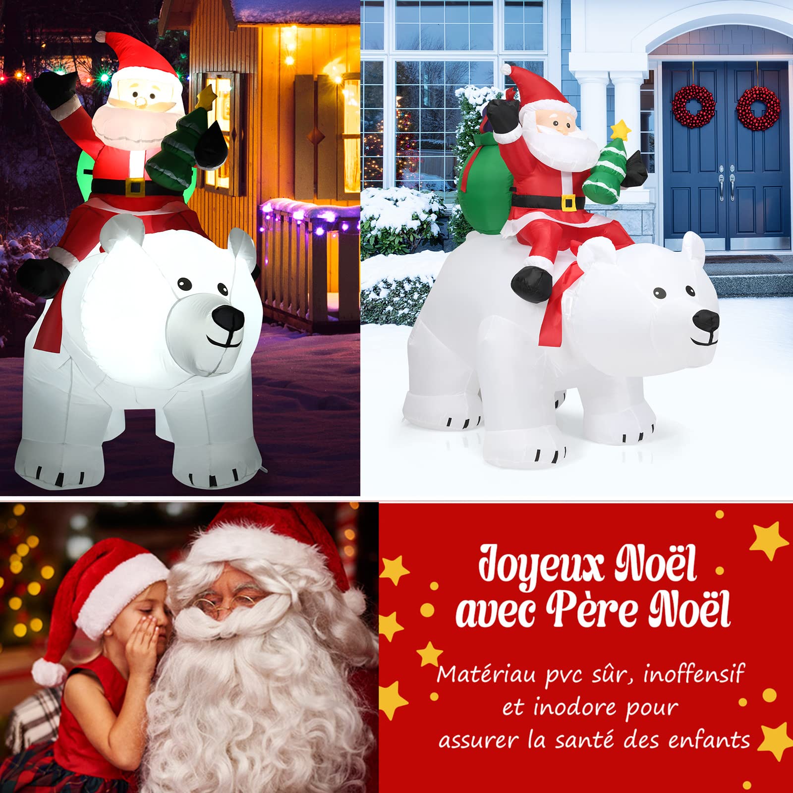 RELAX4LIFE 2M Père Noël Gonflable et Ours Polaire Soufflés, Décoration de Noël Gonflable en Polyester avec 4 Lumières LED pour Jardin & École & Magasin