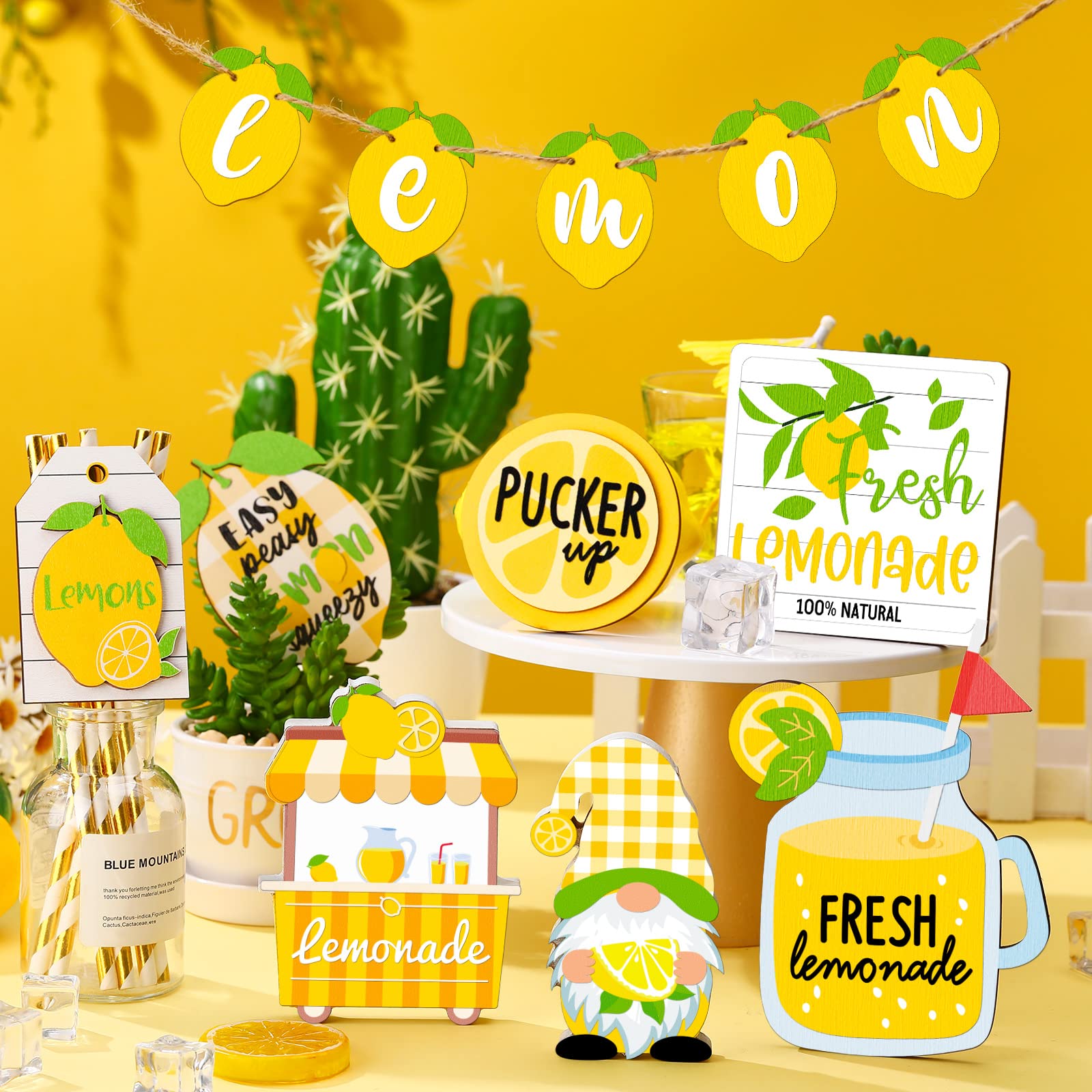 Yalikop 11 Pieces Lemon Tiered Tray Decor Set Gnome Fresh Lemonade Wooden Sign Yellow Lemon Wood Blocks Standing Sign Summer Tray Decor for Home Summer Kitchen Table Decoration(Lemon Style)