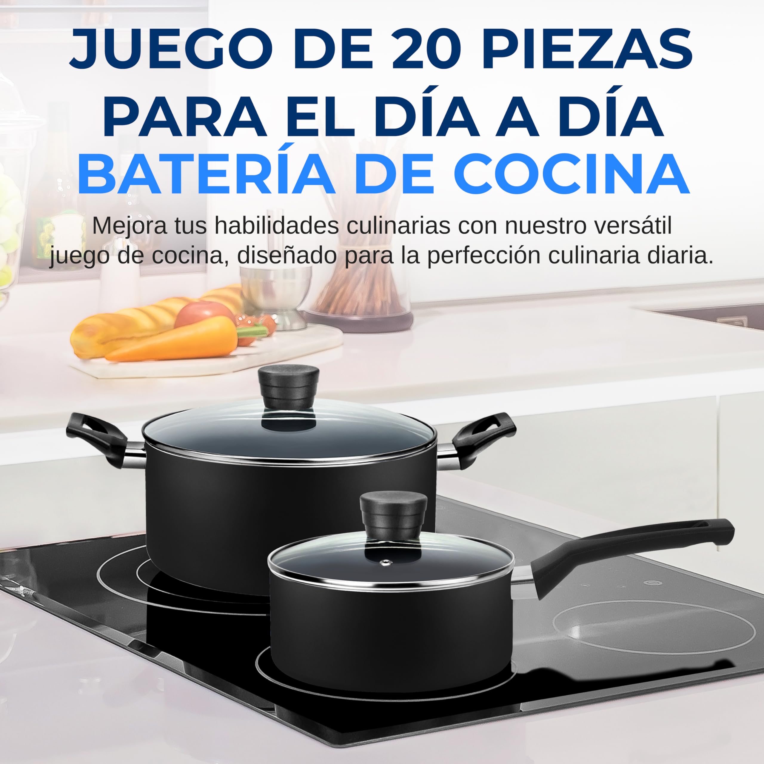 SereneLife juego de cocina de 11 piezas, Ollas y sartenes, Recubrimiento antiadherente negro en el interior, Lacado resistente al calor