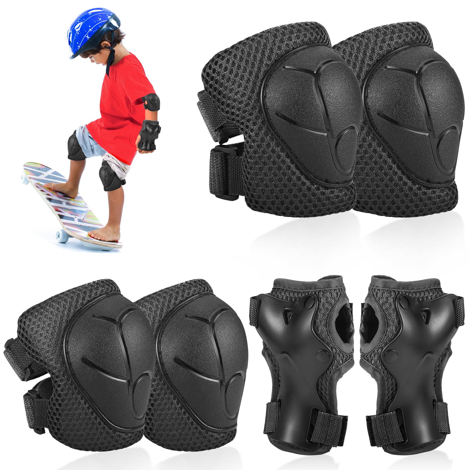 Hejo Kinder Inliner Schoner Set, 6 in 1 Inliner Schützer Kinder Knieschützer Protektoren Inliner Schutzausrüstung, Knie und Ellenbogenschützer, Rollschuhe Schützer für Skateboard, Roller