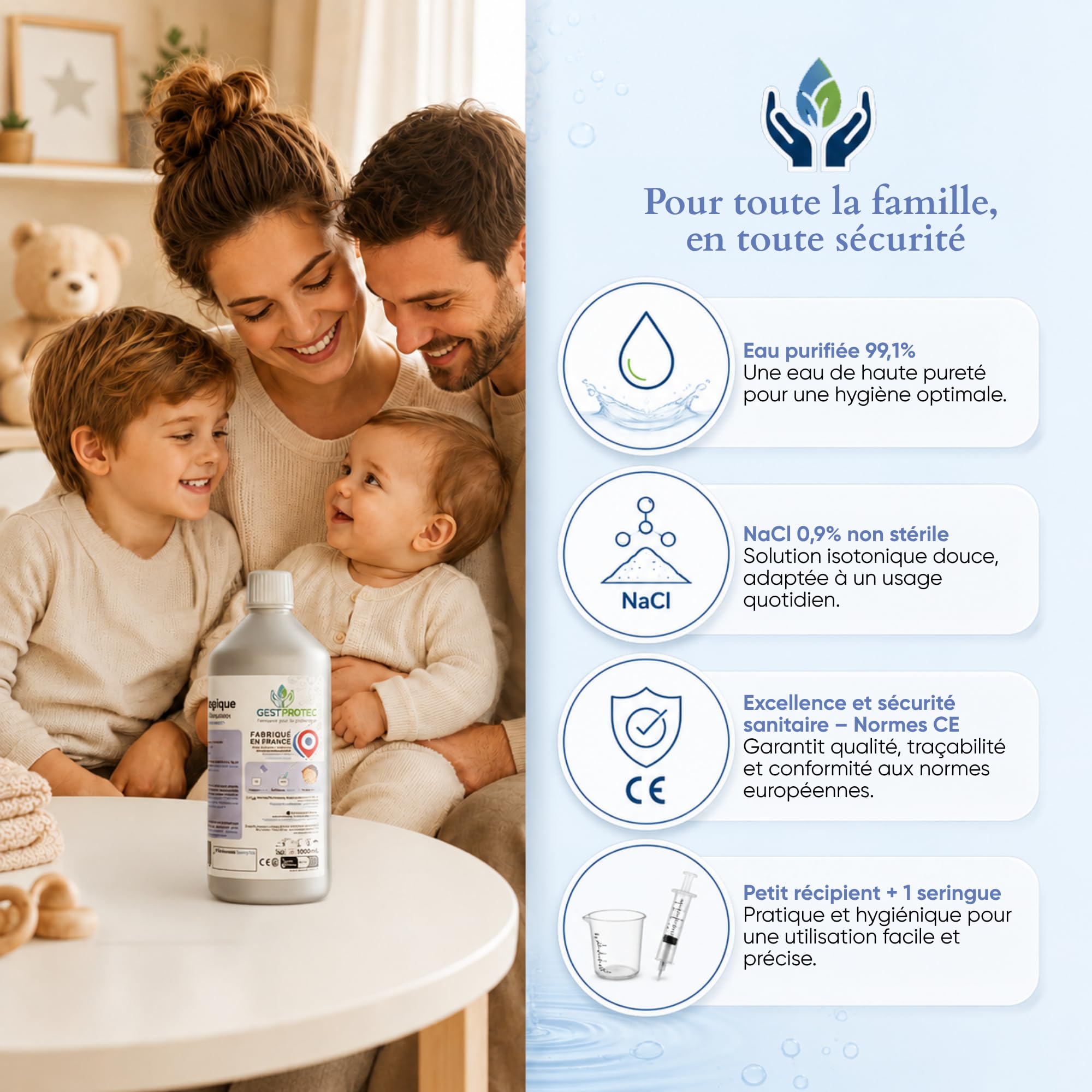 Sérum Physiologique Bouteille 1L x12 – Grand Format – Labo Français | Lot 12x1L – stock longue durée – solution saline 0,9% NaCl – eau purifiée – irrigation externe nez – labo français