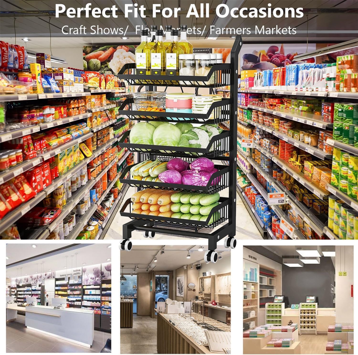 Carrito de almacenamiento de cocina con ruedas, organizador de 4 niveles para frutas, estante de almacenamiento para cestas comerciales, carrito con ruedas para frutas, verduras y bocadillos, color