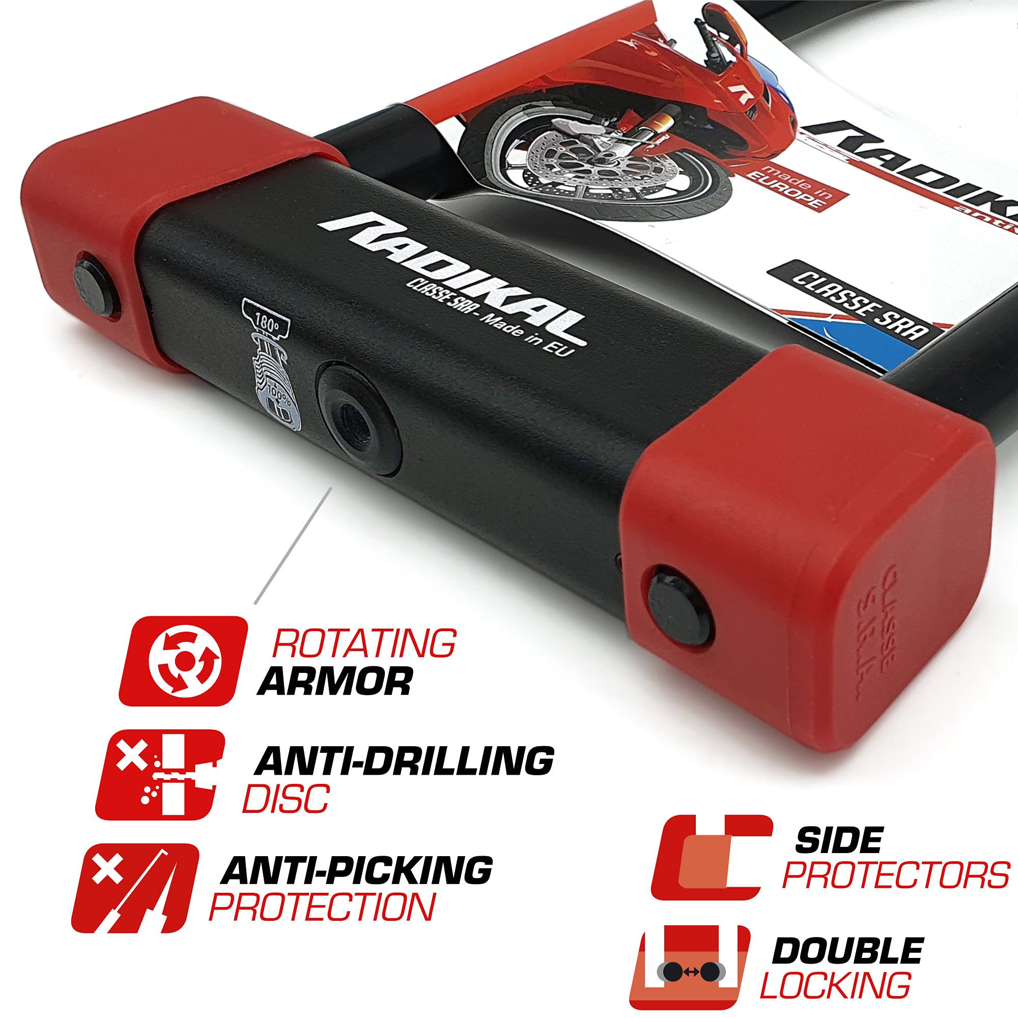RADIKAL RK120R+RK10120L Antivol U Moto Homologué SRA + Chaine en Acier Cémenté 120cm Plus Long avec Système de Boucle, Fourche en Acier Trempé ø18mm, Cadenas en U pour Scooter, Velo Electrique