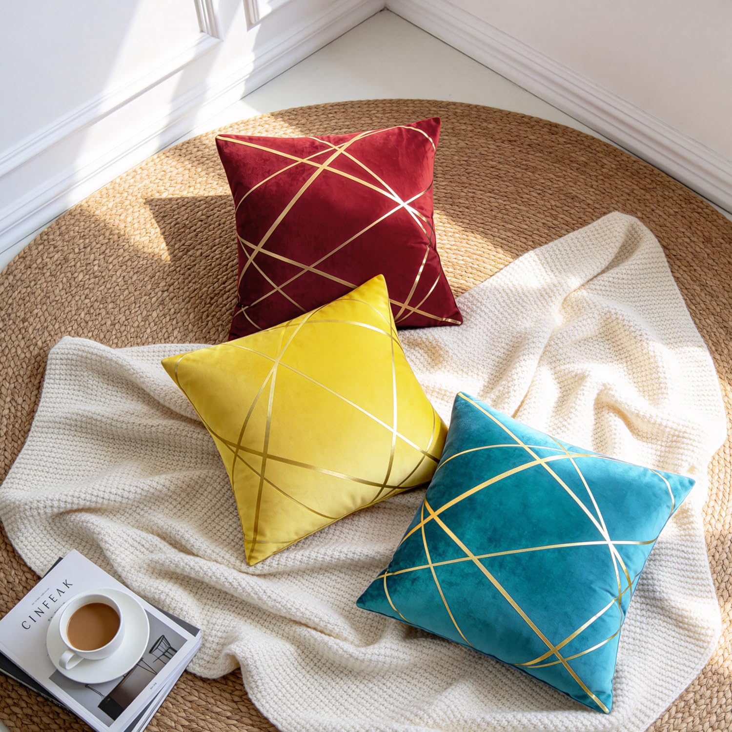 YCOLL Federe Cuscini Divano 45 x 45 Set di 4 Cuscini per Divano in Lino Cuscini da Esterno Cuscini Decorativi Motivo Geometrico Cuscini Divano Soggiorno da Letto Copricuscino 45 x 45 Grigio