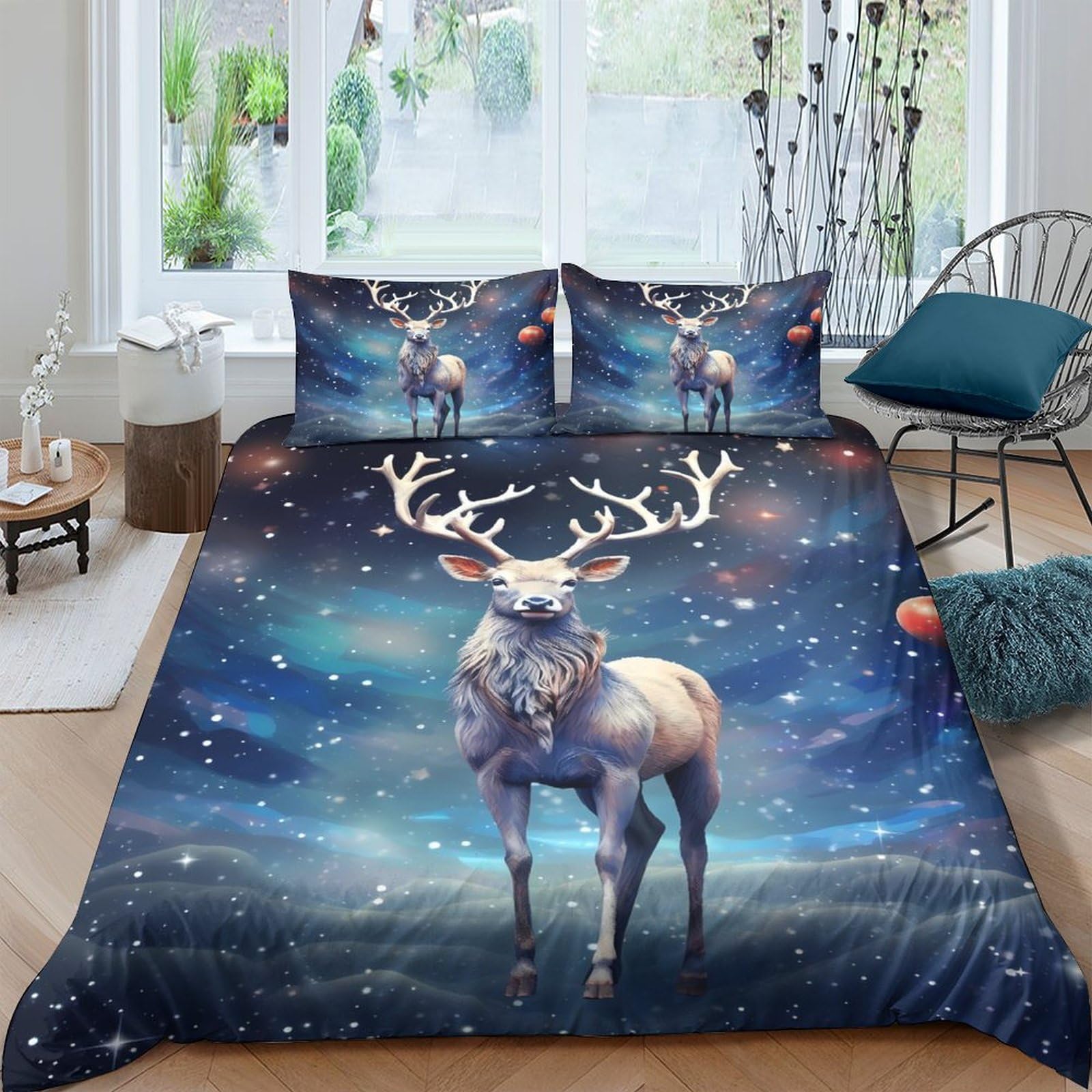 Ctjqhvkz Style-2 3D Printed Fantasy Deer Fitted Sheet Microfiber Soft Blue Forest Night Mattress Cover For Bedroom Guest Room Dorm Decor Single（135X200cm）