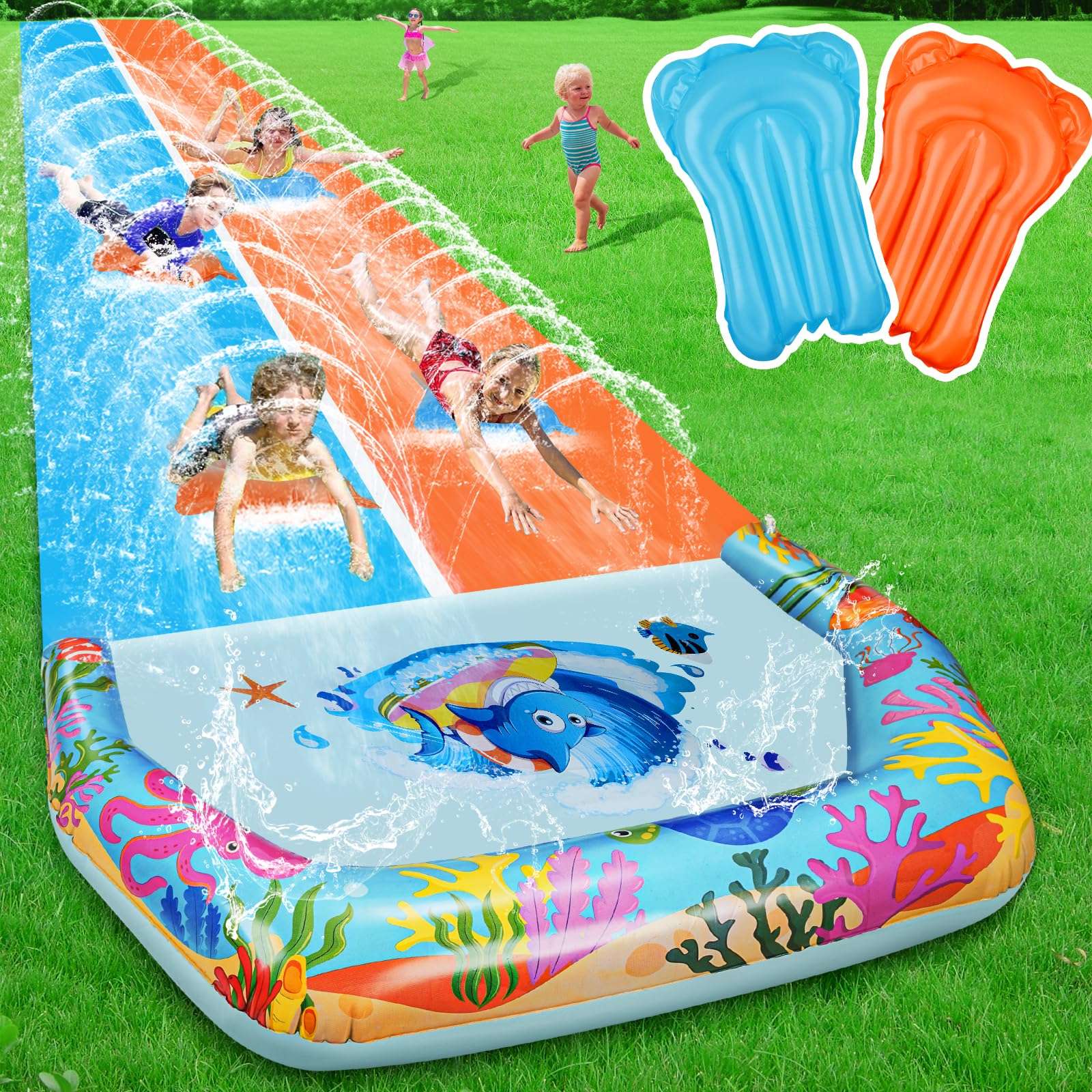 Suonncudst 40FT Slip Double Water Slides with 2 Bodyboards, Extra Long Lawn Water Slides for Kids Adults Heavy Duty, Giant Outdoor Inflatable Water Slip Toys with Crash Pad for Backyard Summer Party