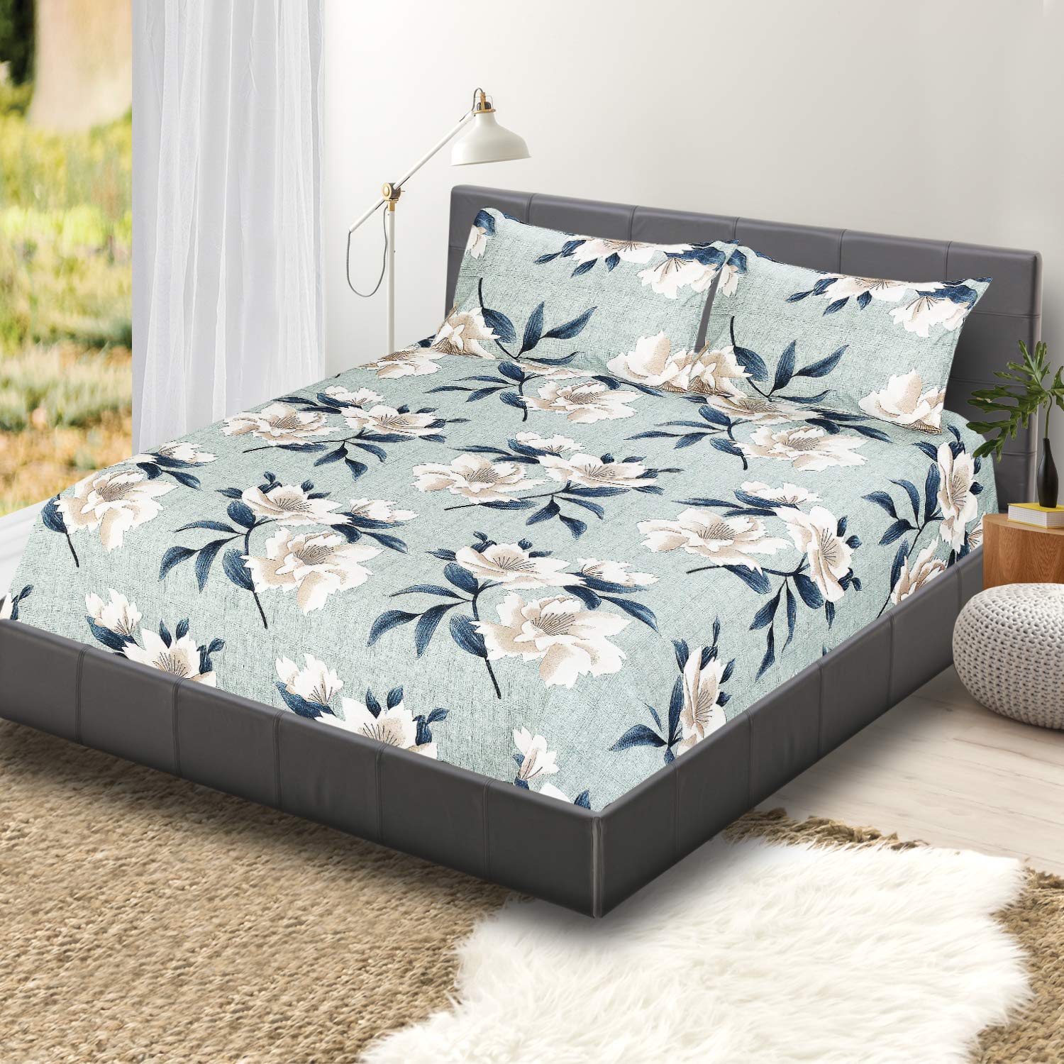 Purav Light Cotton Bedsheets for Double Bed with 2 Pillow Covers Printed 90"x90",Sea Green