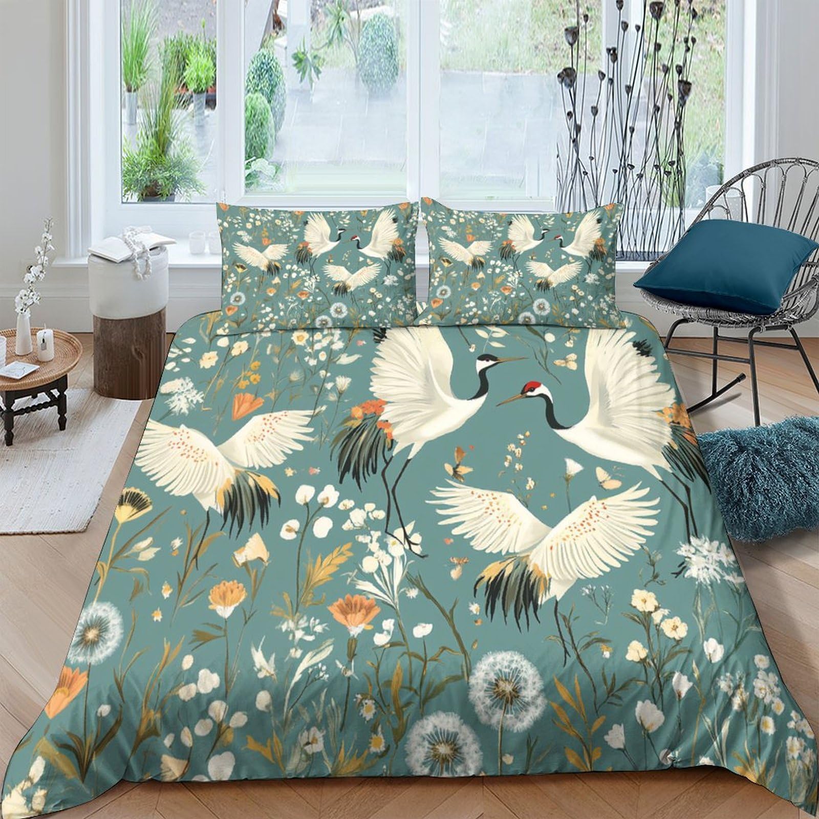 Ctjqhvkz Style-2 3D Printed Crane Floral Fitted Sheet Microfiber Soft Green Bird Mattress Cover Bedroom Decor Easy Care Single（135X200cm）