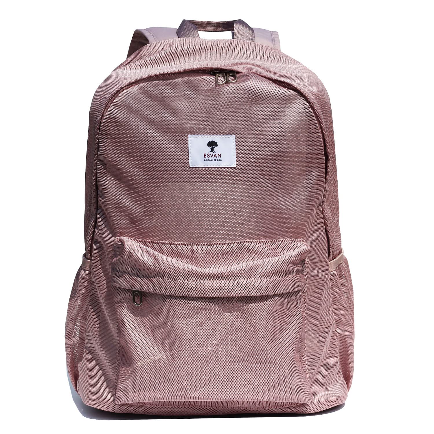 ESVAN Original Print Mesh Backpack Semi-Transparent Sackpack See Through Beach Bag Daypack Multi-Purpose Women Men Unisex Pink Purple