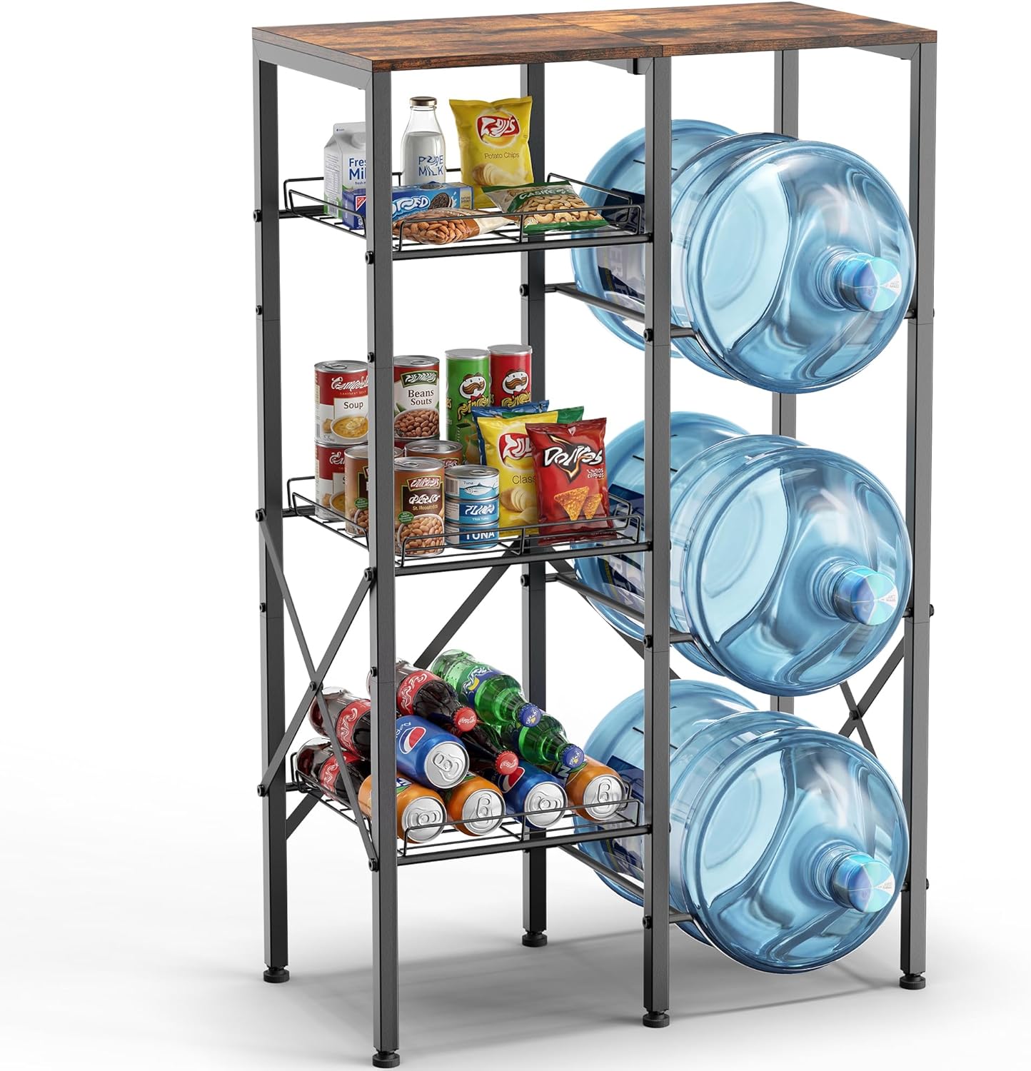 5 Gallon Water Jug Holder - Water Stand for 5 Gallon Bottle with Wire Storage Basket - 4 Tier Heavy Duty Water Jug Storage Rack for Home Kitchen Living Room Office