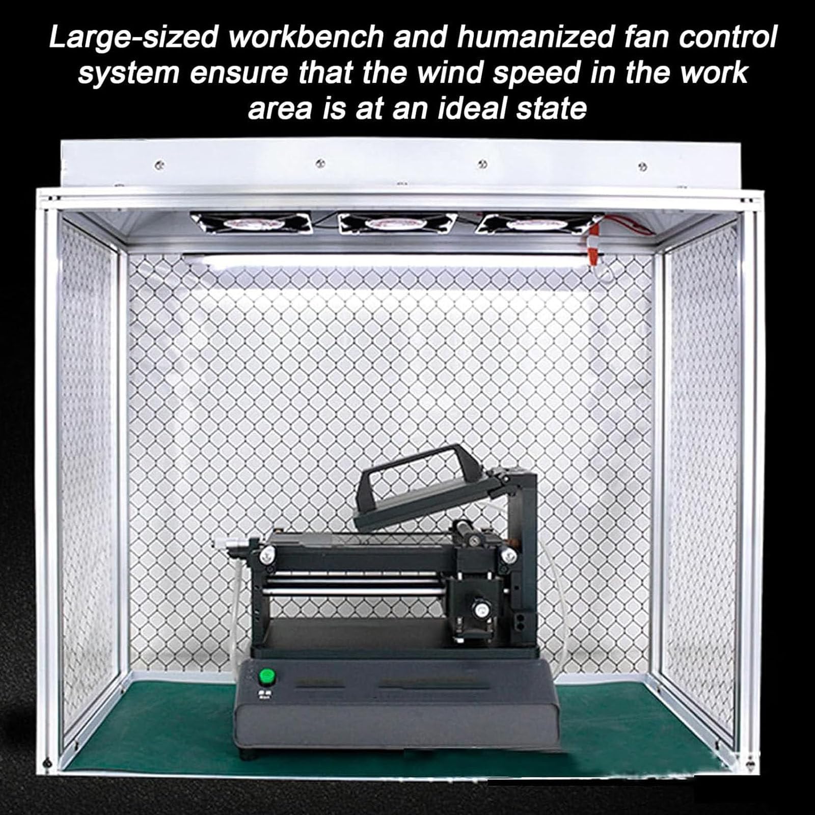 Postazione di lavoro con filtrazione dell'aria con tenda elettrostatica, cuscinetto in silicone e piastra inferiore, design a tripla ventola a basso rumore, spazio di lavoro 62 x 31 cm e grande spazio
