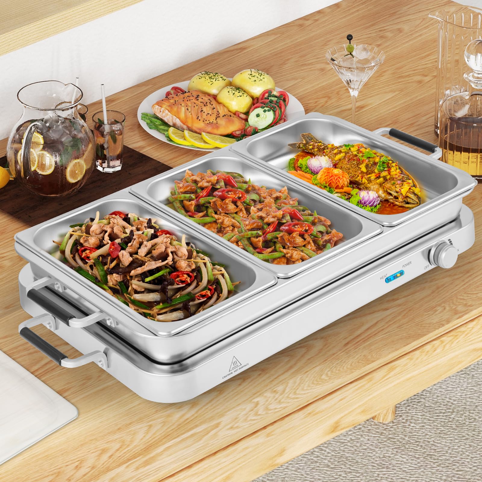 GYMAX Vassoio per Buffet Elettrico, Scaldavivande 2-in-1 con 3 Coperchi e 8 Vassoi in Acciaio Inox da 8 L, Borsa da Trasporto, Piastra Riscaldante Portatile con Controllo di Temperatura per Feste