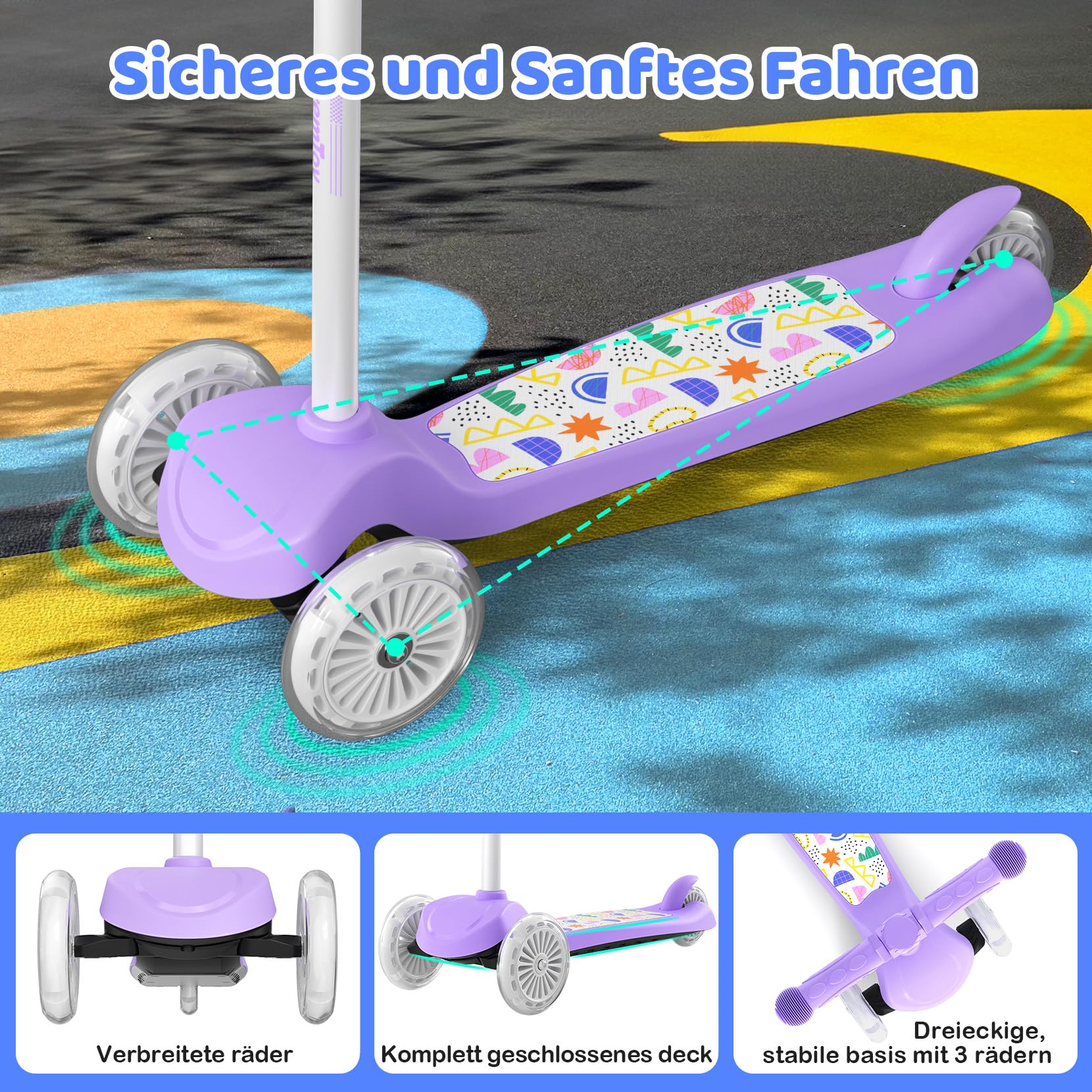BremToy Roller Kinder 3 Jahre, Kinder Roller mit Leuchtendem Deck und PU-Beleuchtete-Rädern, 4-Stufig Höhenverstellbarer, Reaktionsschnelles Bremsen, leicht, Kinderroller für von 3–8 Jahren