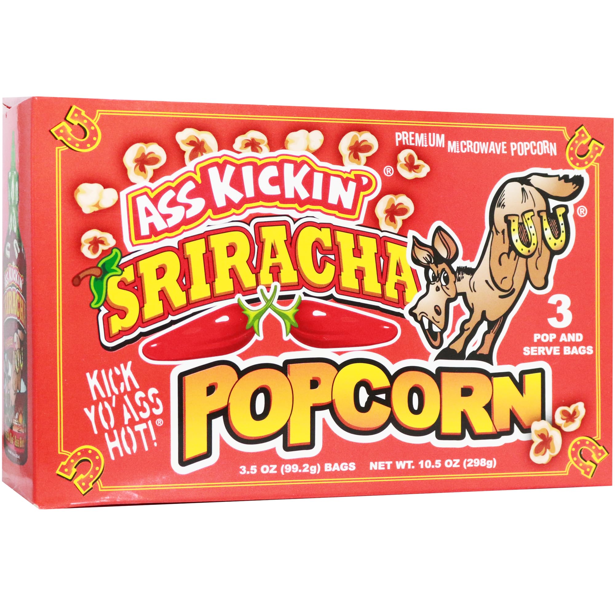 ASS KICKIN' Sriracha Microwave Popcorn Bags - 3 Pack - Ultimate Spicy Popcorn Gourmet Gift - Makes a Great Movie Theater Popcorn or Snack Food for Movie Night