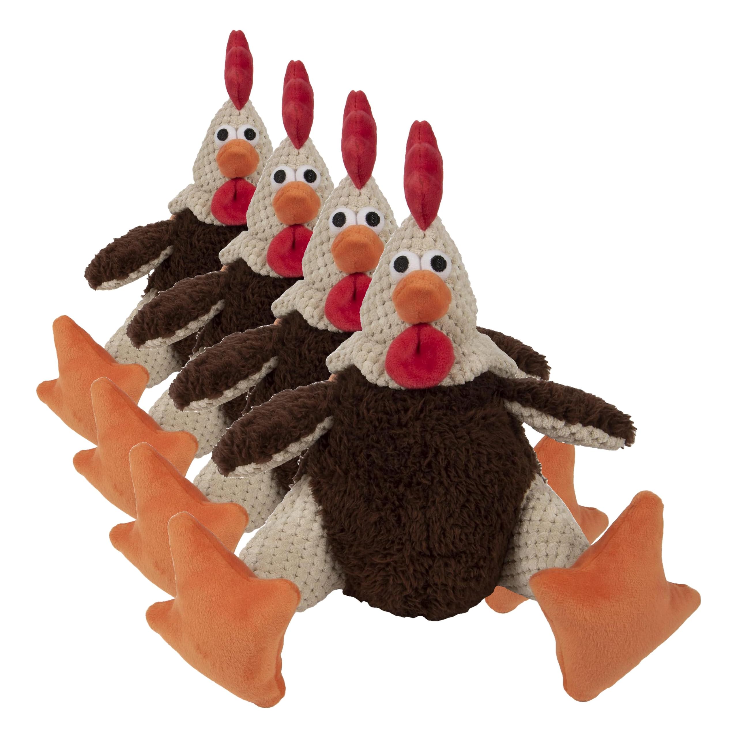 goDog, Checkers Fat Rooster, Squeaker Dog Toy, Chew Resistant, Durable Plush, Soft, Tough, Reinforced Seams, Brown, Large (Pack of 4)